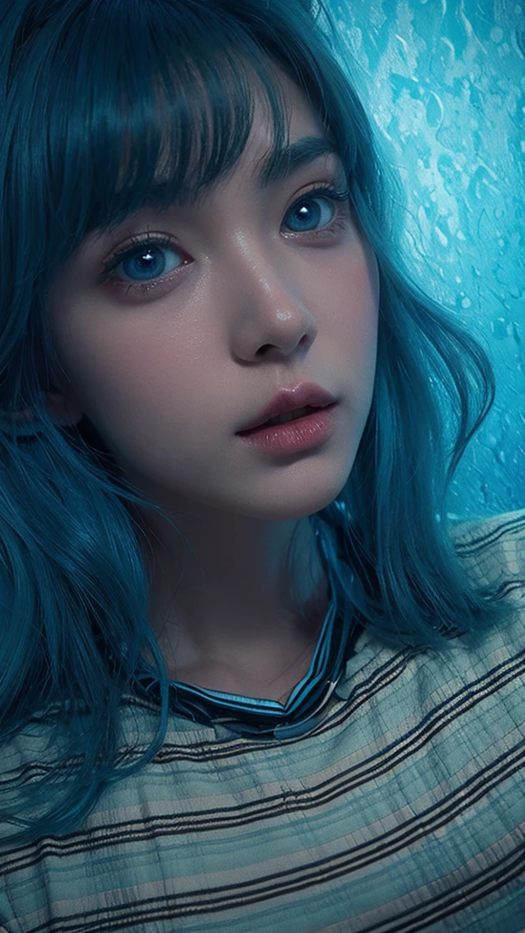 (Blue-haired girl in love shower), Artistic medium: Oil painting, Ultra-detailed, vibrant with colors, dreamlike landscapes, Glowing light, and a muted color palette