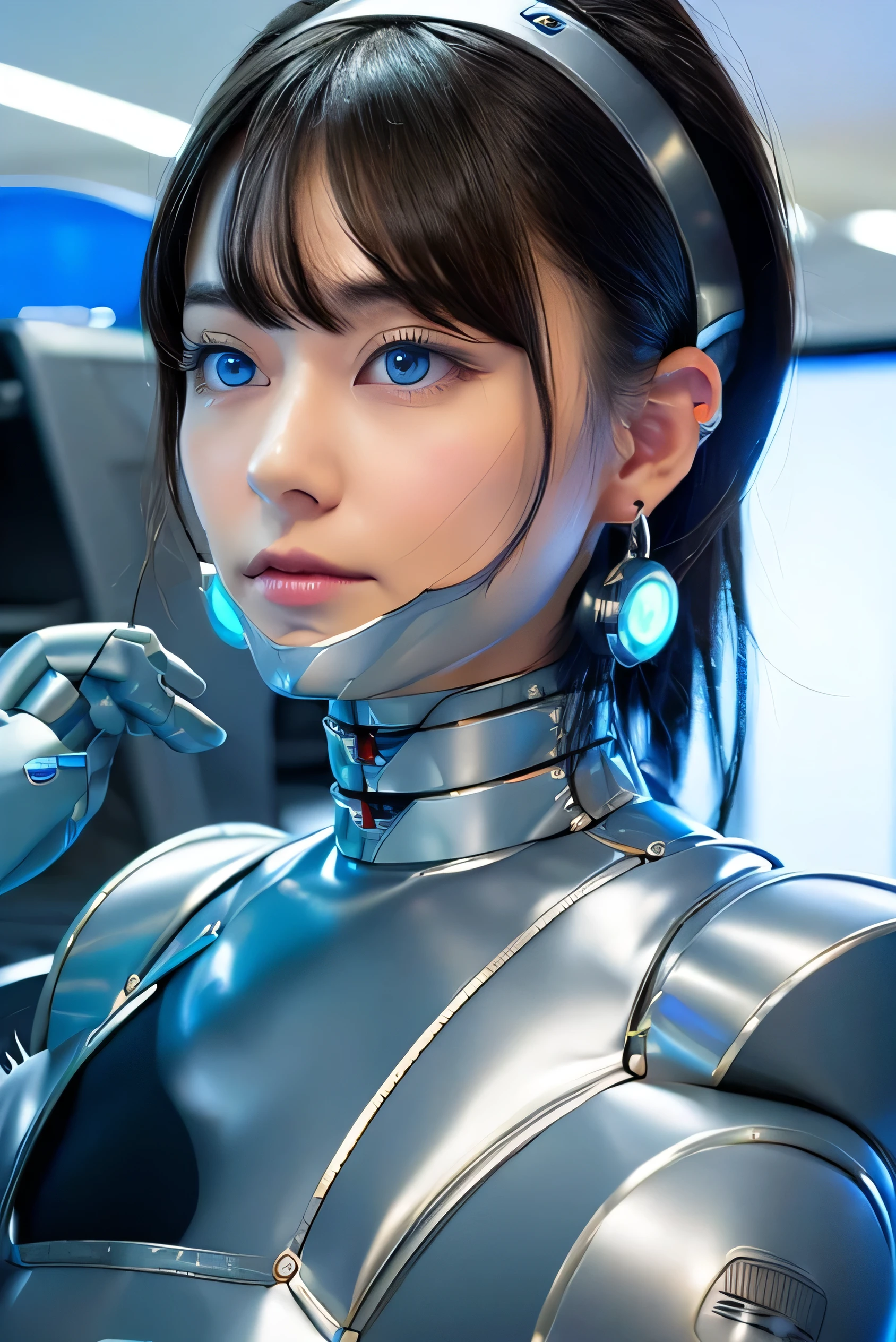 masterpiece, best quality, extremely detailed, Japaese android girl,Plump , control panels,android,Droid,Mechanical Hand, Robot arms and legs, Black Robot Parts,Black hair,Mechanical body,Blunt bangs,White robotics parts,perfect robot girl,future information counter,reception,long tube,thick cable connected her neck,ceramic body ,mechanical body,mechanical costume,android,robot,humanoid,cyborg,information office,japanese android receptionist ,mechanical chest,blue eyes,office-lady