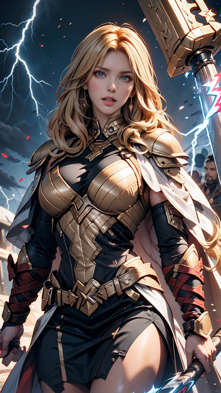 24 year old Caucasian female、Blonde、Wavy hairstyle、 semi-long hair、Female Mighty Thor、Marvel、 hammer、Dress in armor、Tight female body、 tall、Hold the hammer high above your head、Let out a roar、lightning