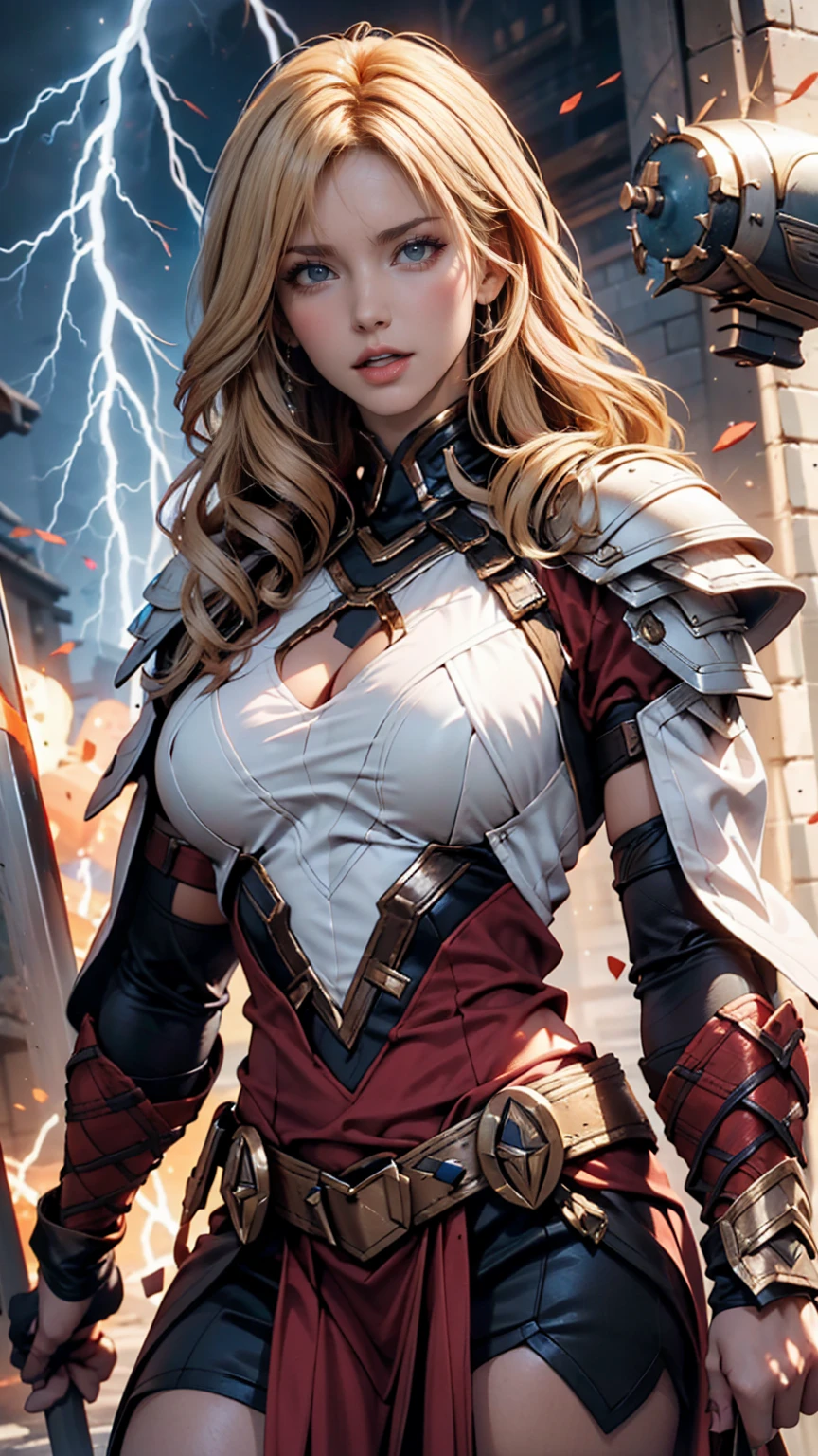 24 year old Caucasian female、Blonde、Wavy hairstyle、 semi-long hair、Female Mighty Thor、Marvel、 hammer、Dress in armor、Tight female body、 tall、Hold the hammer high above your head、Let out a roar、lightning