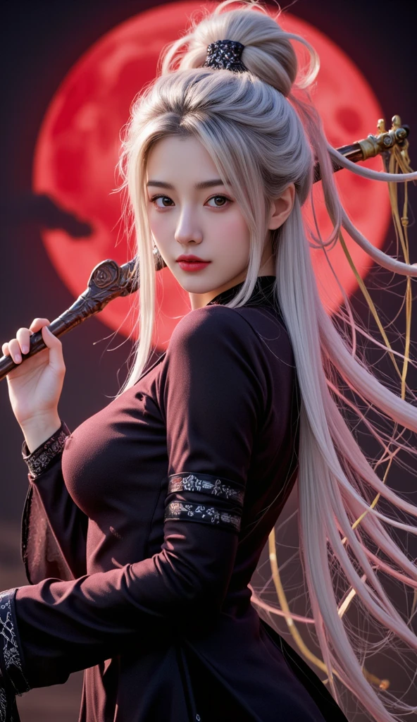 a woman with long white hair and a black dress standing in front of a red moon, white haired deity, a beautiful fantasy empress, 8k high quality detailed art, ((a beautiful fantasy empress)), japanese goddess, beautiful alluring anime woman, anime style. 8k, anime goddess, gothic maiden anime girl, anime style 4 k, beautiful anime woman
