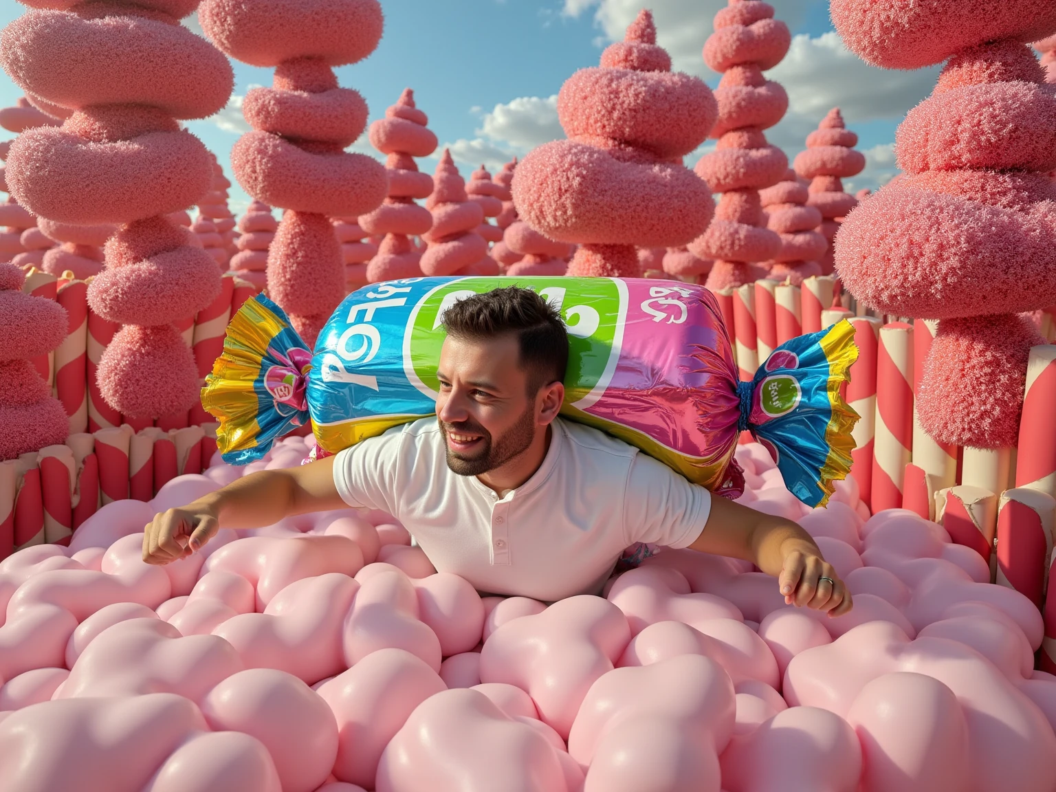 Create a hyper-realistic, cinematic image of a giant, colorful wrapped candy lying on a large, cloud-like bed. The candy wrapper is classic, with vibrant colors and twisted ends, just like an oversized piece of wrapped candy. Emerging from within the partially opened wrapper is a man, as though he’s breaking out of the candy itself, with parts of the wrapper still clinging to him in a surreal yet striking way. The entire environment around him is a whimsical candyland: fluffy marshmallow pillows, towering lollipop trees, sparkling gumdrop bushes, and candy-cane pillars. Every detail, from the glossy, crinkled wrapper to the sugary textures of the candy-filled surroundings, is rendered with impressive realism and cinematic lighting, creating a magical and captivating scene.