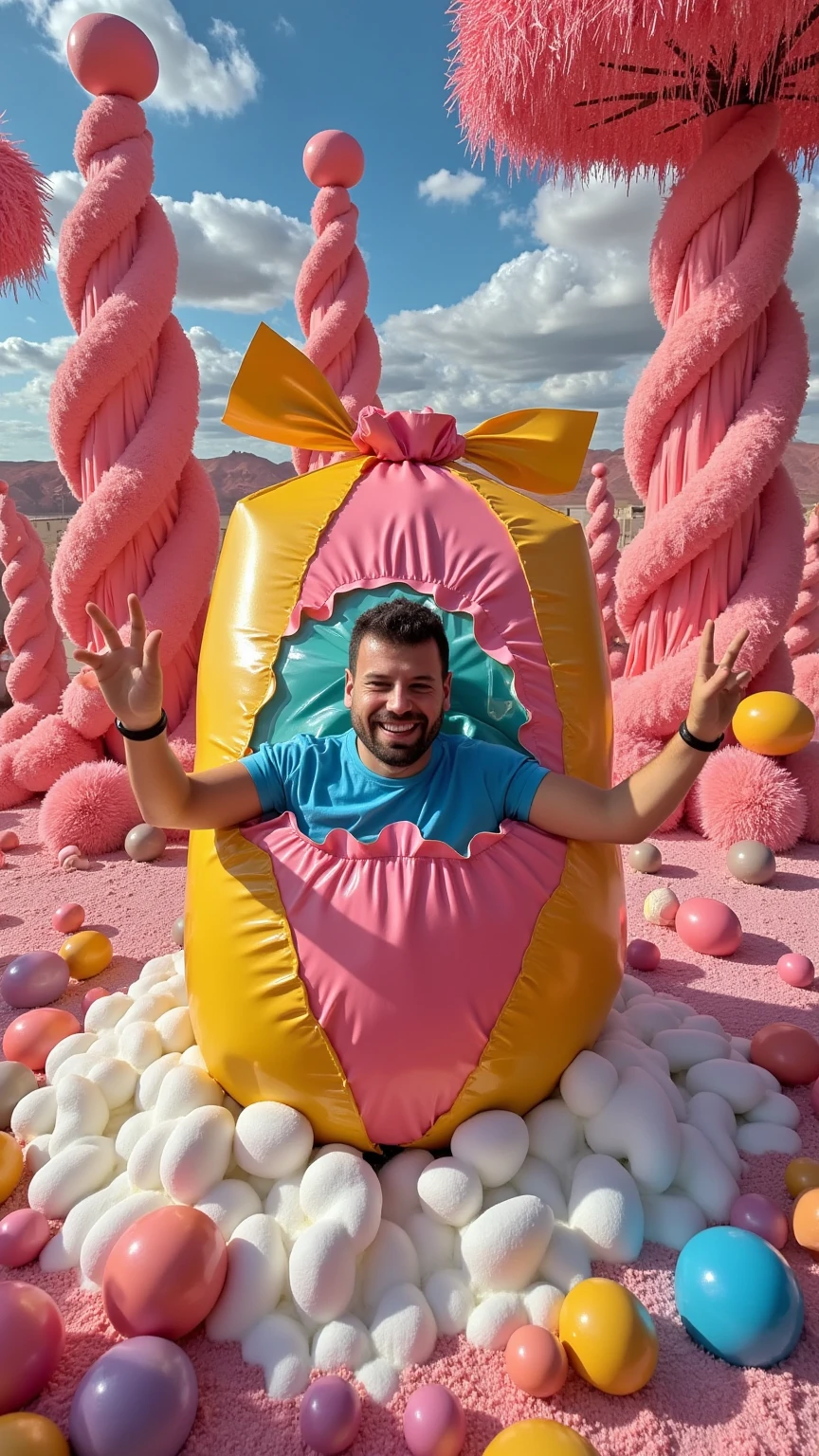 Create a hyper-realistic, cinematic image of a giant, colorful wrapped candy lying on a large, cloud-like bed. The candy wrapper is classic, with vibrant colors and twisted ends, just like an oversized piece of wrapped candy. Emerging from within the partially opened wrapper is a man, as though he’s breaking out of the candy itself, with parts of the wrapper still clinging to him in a surreal yet striking way. The entire environment around him is a whimsical candyland: fluffy marshmallow pillows, towering lollipop trees, sparkling gumdrop bushes, and candy-cane pillars. Every detail, from the glossy, crinkled wrapper to the sugary textures of the candy-filled surroundings, is rendered with impressive realism and cinematic lighting, creating a magical and captivating scene.