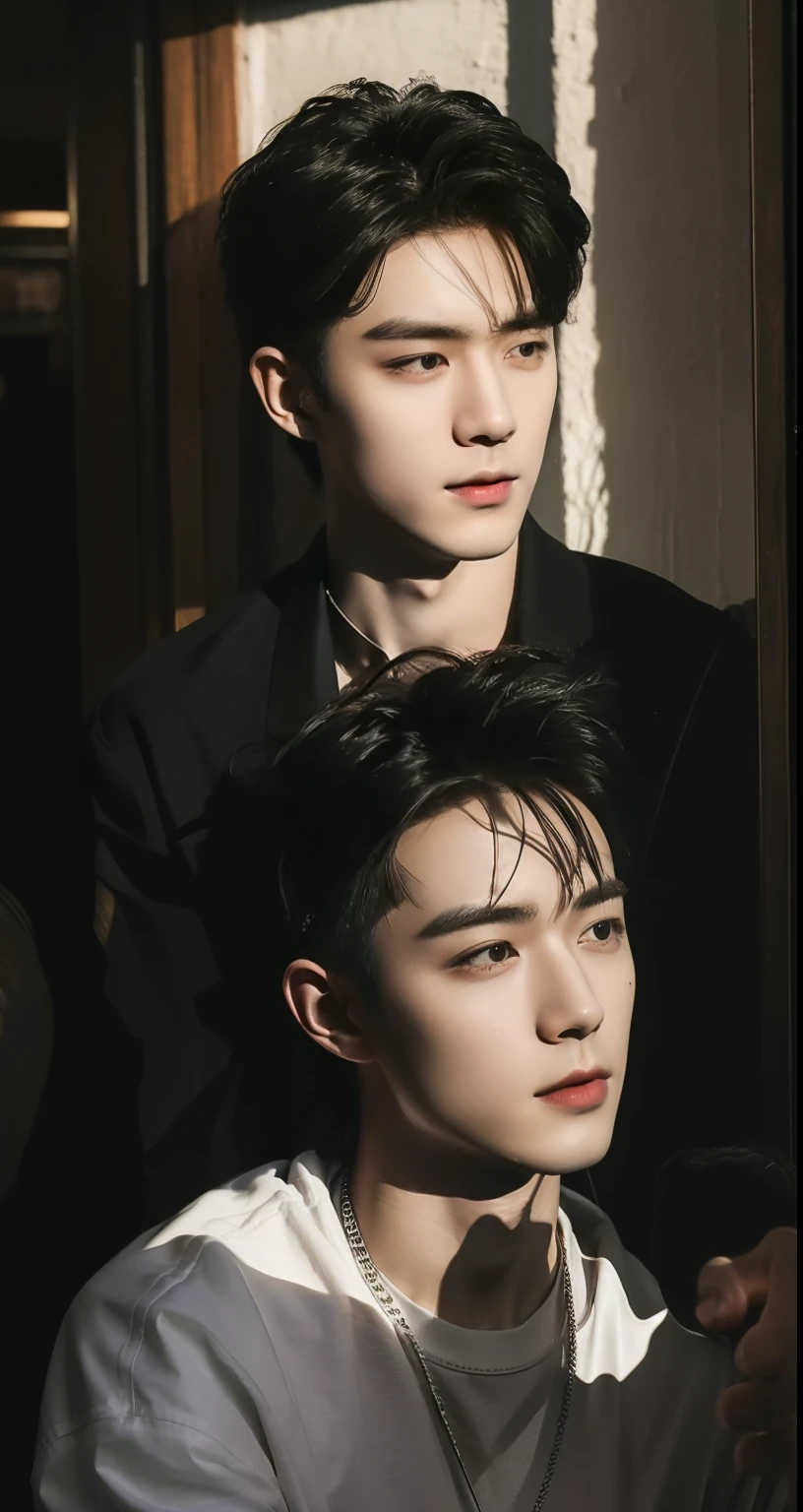 20 years old boy, Handsome man in cafe, sitting, slight smile, wearing long black shirt, necklace accessory, handsome man style, black hair, ((middle part hairstyle)), half body portrait, in cafe (best quality,4k,8k,highres,masterpiece:1.2),ultra-detailed,(realistic,photorealistic,photo-realistic:1.37),cinematic lighting,warm color tone,highly detailed face and features,intricate details,dramatic shadows,natural lighting,photographic,sharp focus,professional photography