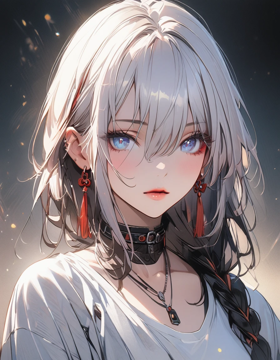 A girl with a collar, baggy pants, barefoot, (best quality,4k,8k,highres,masterpiece:1.2),ultra-detailed, extremely detailed face and eyes,beautiful detailed eyes,beautiful detailed lips,longeyelashes,portrait,moody lighting,dramatic shadows,warm soft colors,cinematic, red pants , whole body, dynamic pose, shenhe, blue eyes, braided ponytail, earrings, eyelashes, eyeliner, eyes visible through hair, eyeshadow, hair between eyes, makeup, red eyeshadow, sidelocks, single earring, symbol-shaped pupils, tassel, tassel earrings, white hair, long hair, full body