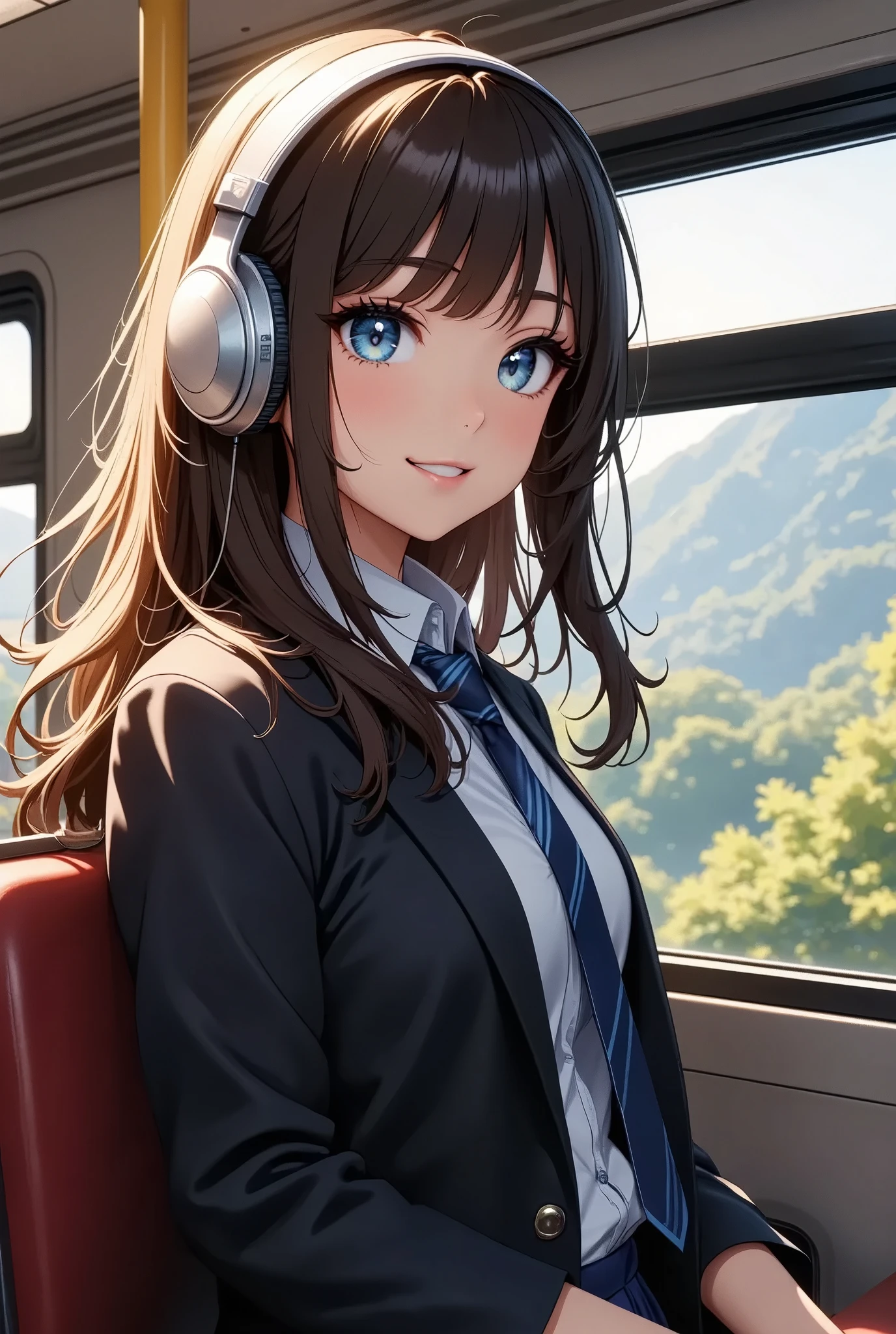 a schoolgirl wearing headphones riding on a train, sitting on a bench seat, beautiful detailed eyes, beautiful detailed lips, extremely detailed eyes and face, longeyelashes, school uniform, looking out the window, peaceful expression, warm lighting, cinematic composition, intricate details, photorealistic, 8k, (best quality,4k,8k,highres,masterpiece:1.2),ultra-detailed,(realistic,photorealistic,photo-realistic:1.37),HDR,UHD,studio lighting,ultra-fine painting,sharp focus,physically-based rendering,extreme detail description,professional,vivid colors,bokeh,cinematic