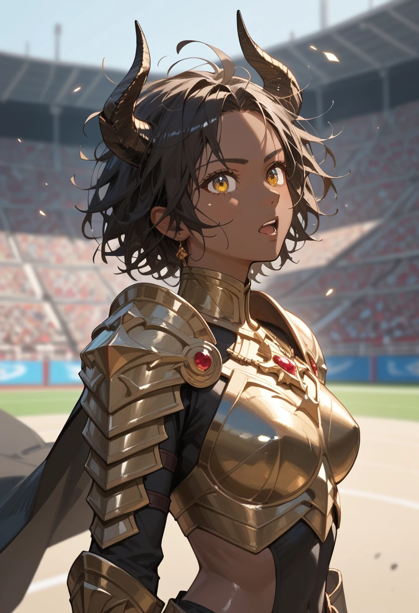 UHD, masterpiece, textured skin, super detail, high quality, 1080P, highres, 16k, anatomically correct, A female,Buffa ears,golden eyes,Buffa horns, solo,dark skin,Shiny skin,Open pose,brown short hair,messy hair,wearing a black heavy armor,black cape,Huge oppai,In a arena,Upper Focus:1.7