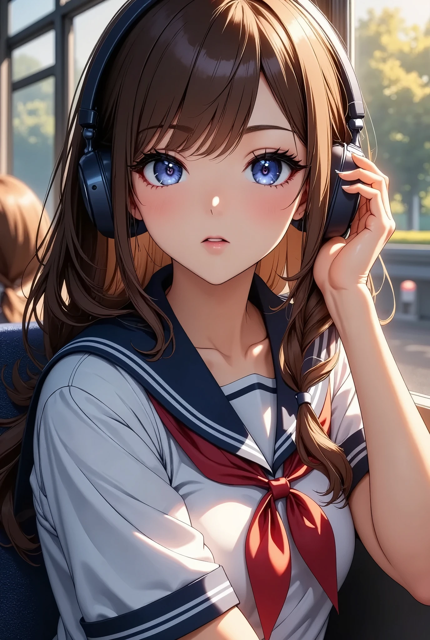 a schoolgirl wearing headphones riding on a train, sitting on a bench seat, beautiful detailed eyes, beautiful detailed lips, extremely detailed eyes and face, longeyelashes, school uniform, looking out the window, peaceful expression, warm lighting, cinematic composition, intricate details, photorealistic, 8k, (best quality,4k,8k,highres,masterpiece:1.2),ultra-detailed,(realistic,photorealistic,photo-realistic:1.37),HDR,UHD,studio lighting,ultra-fine painting,sharp focus,physically-based rendering,extreme detail description,professional,vivid colors,bokeh,cinematic