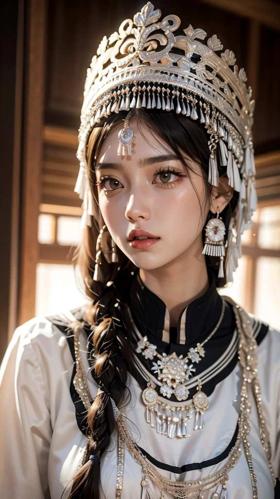 ( Good structure),High dynamic range, Ultra HD,8K, 1 girl at home, Chinese Yi costume , silver metal headdress ,  brown eyes , earrings, have, Jewelry,Yi ethnic metal Jewelry,A huge metal have, headdress metal tassel ,Silver metal have, Lace, Lace trim, Lips, Long hair,  looks at the audience, parted Lips,  alone ,  upper body