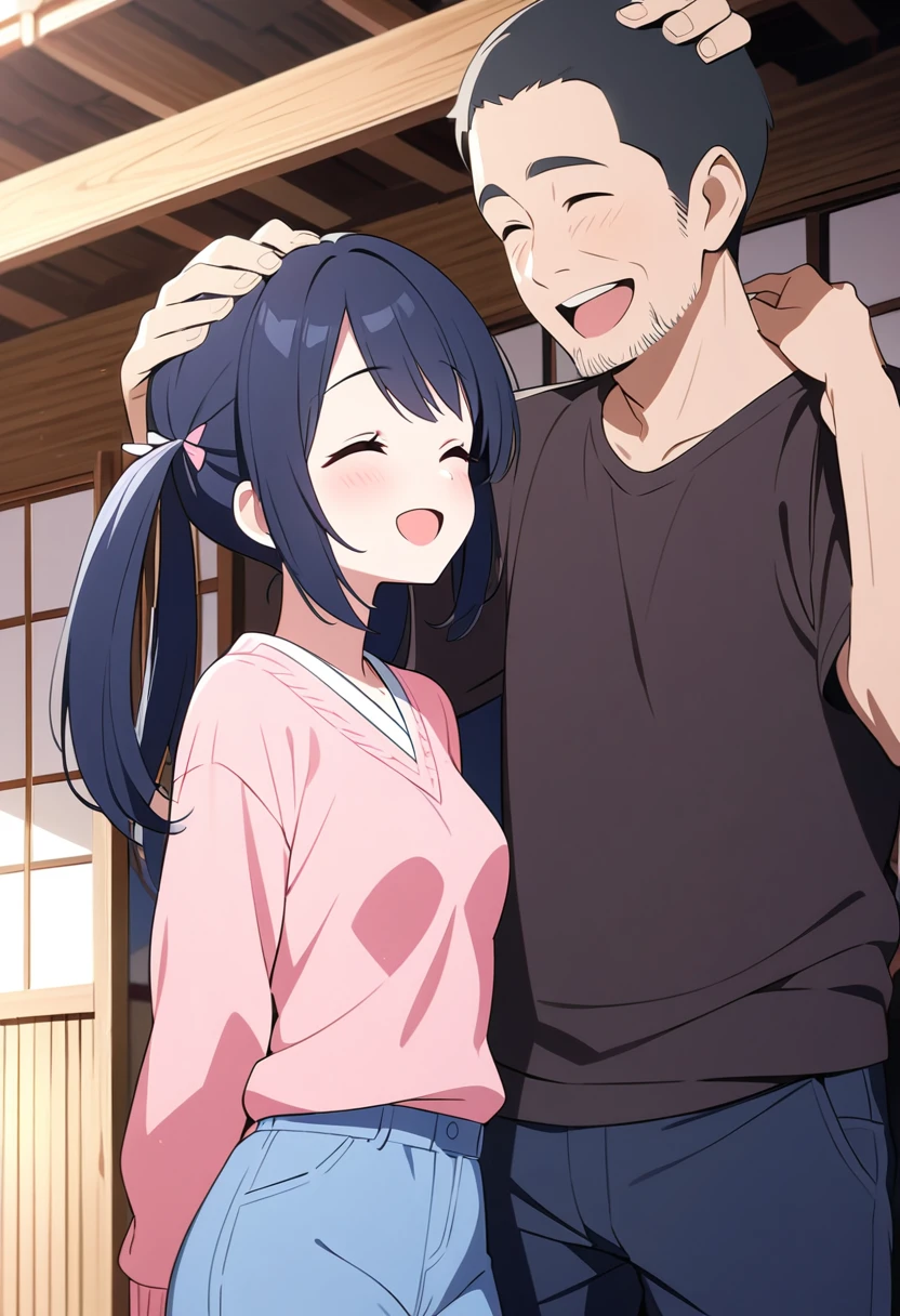 Best Quality、4K、Super accurate picture  、 Very cute girl with wide legs in the middle、young、Slender body、Small breasts、  Shiny Dark Blue Hair  、 twin-tailed old straw house 、Japanese Housing、 pink sweater、smile、 A middle-aged 、 man is stroking a girl's head、Happy man、