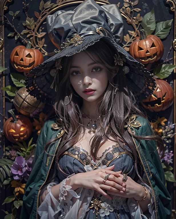 highest quality, masterpiece, Attention to detail, Intricate details, Realistic, Mysterious Halloween woman with bright expression, Spooky atmosphere