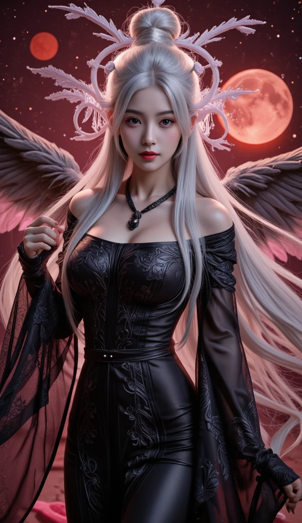 a woman with long white hair and a black dress standing in front of a red moon, white haired deity, a beautiful fantasy empress, 8k high quality detailed art, ((a beautiful fantasy empress)), japanese goddess, beautiful alluring anime woman, anime style. 8k, anime goddess, gothic maiden anime girl, anime style 4 k, beautiful anime woman
