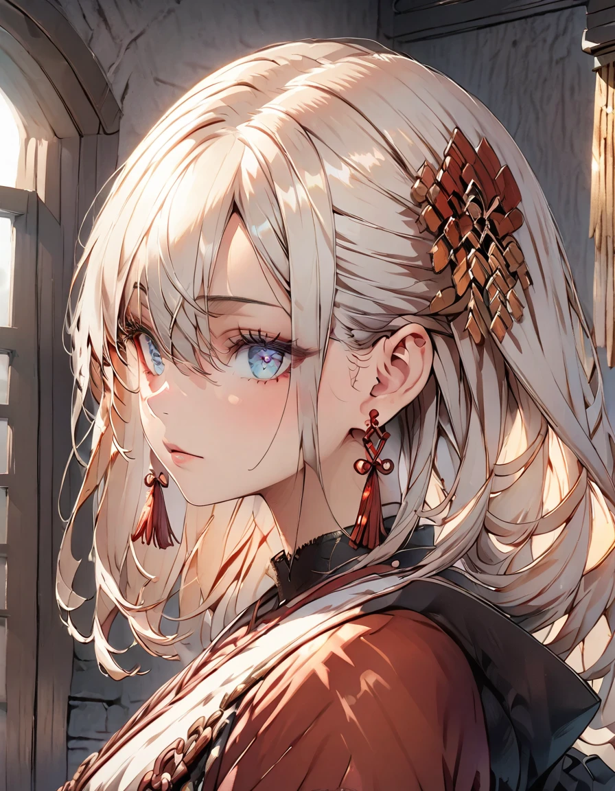 A girl with a collar, baggy pants, barefoot, (best quality,4k,8k,highres,masterpiece:1.2),ultra-detailed, extremely detailed face and eyes,beautiful detailed eyes,beautiful detailed lips,longeyelashes,portrait,moody lighting,dramatic shadows,warm soft colors,cinematic, red pants , whole body, dynamic pose, shenhe, blue eyes, braided ponytail, earrings, eyelashes, eyeliner, eyes visible through hair, eyeshadow, hair between eyes, makeup, red eyeshadow, sidelocks, single earring, symbol-shaped pupils, tassel, tassel earrings, white hair, long hair, full body
