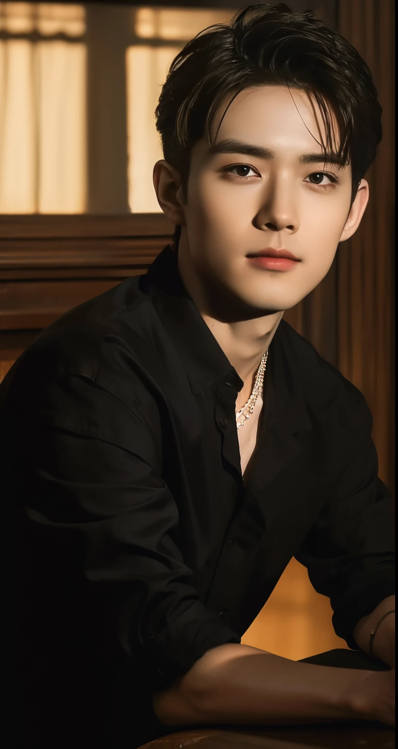 20 years old boy, Handsome man in cafe, sitting, slight smile, sigma face, wearing long black shirt, necklace accessory, handsome man style, black hair, ((middle part hairstyle)), half body portrait, in cafe (best quality,4k,8k,highres,masterpiece:1.2),ultra-detailed,(realistic,photorealistic,photo-realistic:1.37),cinematic lighting,warm color tone,highly detailed face and features,intricate details,warm lighting,photographic,sharp focus,professional photography