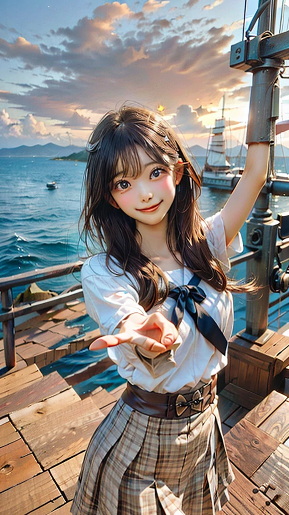 A woman who is a beautiful smiling Greek muse, pointing to a sailing ship on the horizon, background is ocean horizon, mood is inspirational, motivational, harmonious, revealing, daytime light, character design.