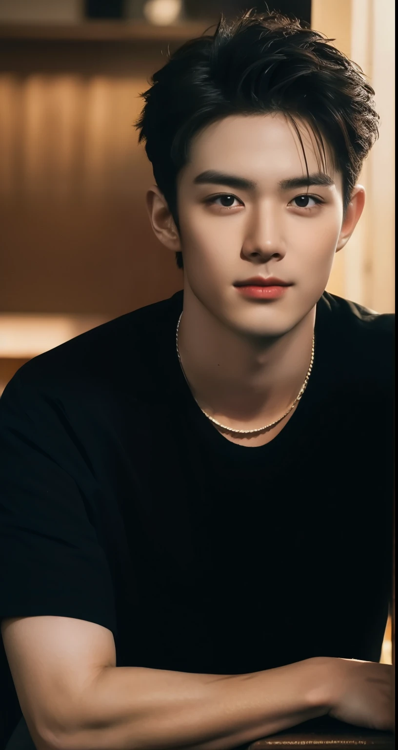 20 years old boy, Handsome man in cafe, sitting, slight smile, sigma face, wearing long black shirt, necklace accessory, handsome man style, black hair, ((middle part hairstyle)), half body portrait, in cafe (best quality,4k,8k,highres,masterpiece:1.2),ultra-detailed,(realistic,photorealistic,photo-realistic:1.37),cinematic lighting,warm color tone,highly detailed face and features,intricate details,warm lighting,photographic,sharp focus,professional photography