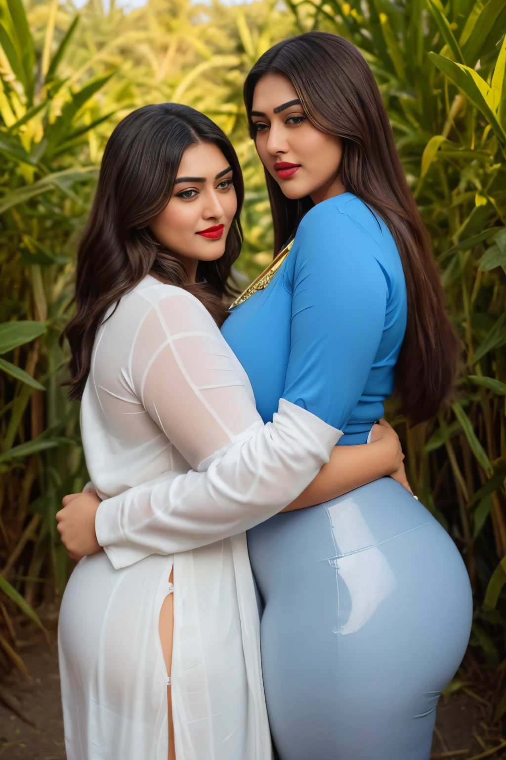 I am 40 year old plus size tall and big giant indian muslim women, looking like indian actress hansika motwani, wearing a blue kurti and shining reflective glossy gray leggings and red hijab,white-skin,white skin tone, beautiful face, red lips, clean skin, celebrity face, thick leggs, round ass,bulging ass,huge breast, i am hugging a 20 black boy wearing underwear only with another 40 plus size tall and big giant indian wife, looking like indian actress anushka shetty, wearing shining reflective glossy red leggings and white kurti, white skin tone, beautiful face, red lips, clean skin, celebrity face, thick leggs, round ass,bulging ass,huge breast,all indian ornaments like ,gold chain,gold necklace,gold ear ring with chain connect with nose ,nose stud ,auspicious thread in Necklace, Armlet, bangles,red sindur on head,women standing looking the viewer in a paddy field,both women have huge bulging ass,smiling happy face,looking straight to camera, realistic photo, looking straight to camera,full body image,wide angle shot in camera, realistic photo,front side view of women,both women hugging a 20 year old black boy,side view of women,