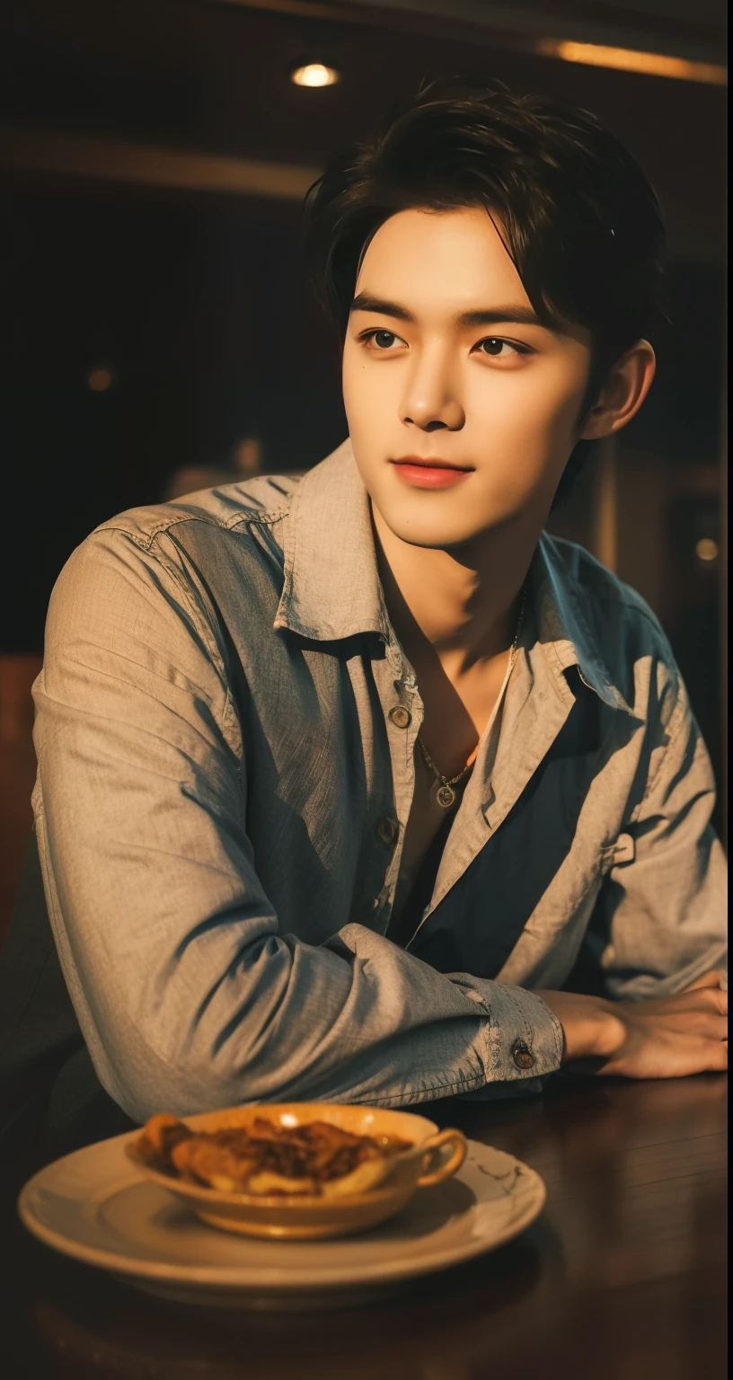 20 years old boy, Handsome man in cafe, sitting, slight smile, sigma face, aestetic pose, wearing long black shirt, necklace accessory, handsome man style, black hair, ((middle parted korean hairstyle)), half body portrait, in cafe (best quality,4k,8k,highres,masterpiece:1.2),ultra-detailed,(realistic,photorealistic,photo-realistic:1.37),cinematic lighting,warm color tone,highly detailed face and features,intricate details,warm lighting,photographic,sharp focus,professional photography