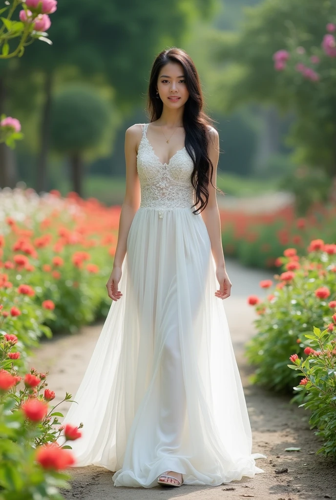 a beautiful detailed portrait of a young woman with long black hair, wearing a white dress, standing in a park, photorealistic, ultra-detailed, hyperrealistic, 8k, highly detailed face, striking eyes, full lips, porcelain skin, cinematic lighting, vivid colors, dramatic shadows, intricate details, delicate features, elegant pose, serene expression, lush greenery in the background, dappled sunlight, atmospheric, moody, captivating