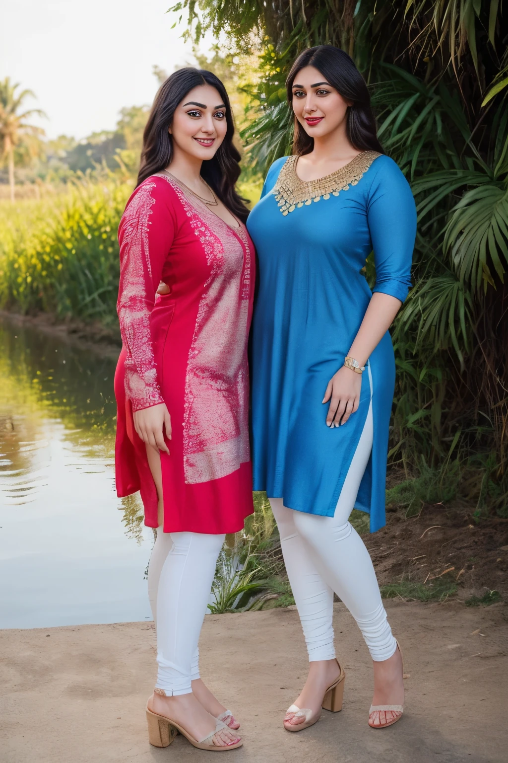 I am 40 year old plus size tall and big giant indian muslim women, looking like indian actress hansika motwani, wearing a blue kurti and shining reflective glossy gray leggings and red hijab,white-skin,white skin tone, beautiful face, red lips, clean skin, celebrity face, thick leggs, round ass,bulging ass,huge breast, i am hugging a 20 black boy wearing underwear only with another 40 plus size tall and big giant indian wife, looking like indian actress anushka shetty, wearing shining reflective glossy red leggings and white kurti, white skin tone, beautiful face, red lips, clean skin, celebrity face, thick leggs, round ass,bulging ass,huge breast,all indian ornaments like ,gold chain,gold necklace,gold ear ring with chain connect with nose ,nose stud ,auspicious thread in Necklace, Armlet, bangles,red sindur on head,women standing looking the viewer in a paddy field,both women have huge bulging ass,smiling happy face,looking straight to camera, realistic photo, looking straight to camera,full body image,wide angle shot in camera, realistic photo,front side view of women,both women hugging a 20 year old black boy,side view of women,