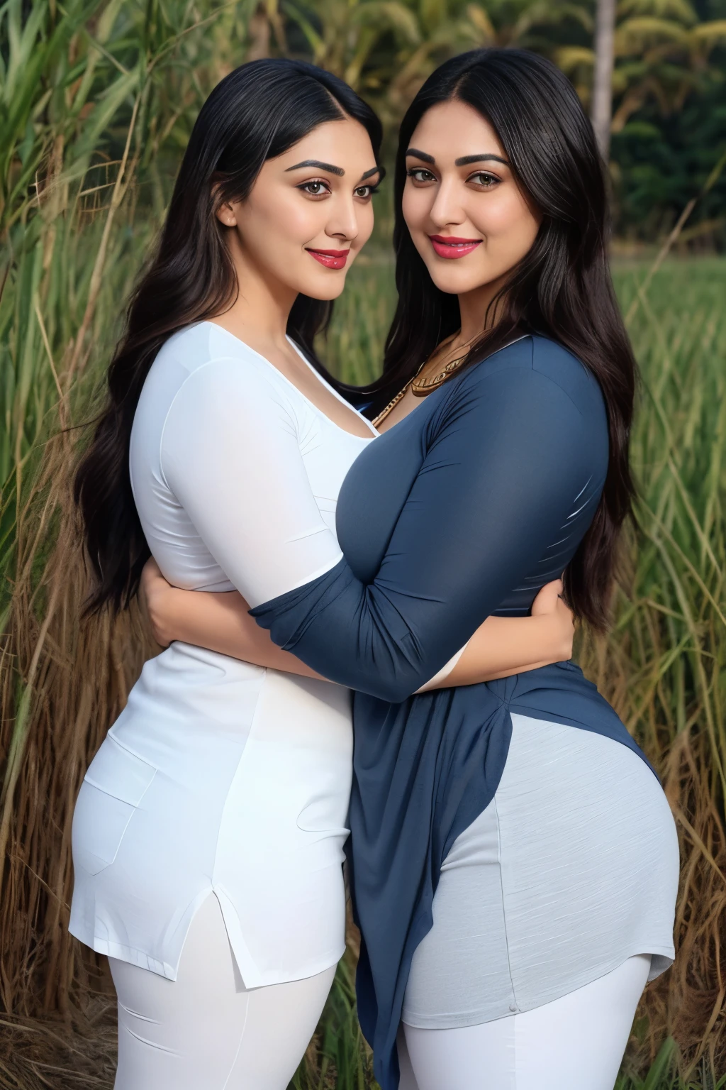 I am 40 year old plus size tall and big giant indian muslim women, looking like indian actress hansika motwani, wearing a blue kurti and shining reflective glossy gray leggings and red hijab,white-skin,white skin tone, beautiful face, red lips, clean skin, celebrity face, thick leggs, round ass,bulging ass,huge breast, i am hugging a 20 black boy wearing underwear only with another 40 plus size tall and big giant indian wife, looking like indian actress anushka shetty, wearing shining reflective glossy red leggings and white kurti, white skin tone, beautiful face, red lips, clean skin, celebrity face, thick leggs, round ass,bulging ass,huge breast,all indian ornaments like ,gold chain,gold necklace,gold ear ring with chain connect with nose ,nose stud ,auspicious thread in Necklace, Armlet, bangles,red sindur on head,women standing looking the viewer in a paddy field,both women have huge bulging ass,smiling happy face,looking straight to camera, realistic photo, looking straight to camera,full body image,wide angle shot in camera, realistic photo,front side view of women,both women hugging a 20 year old black boy,side view of women,