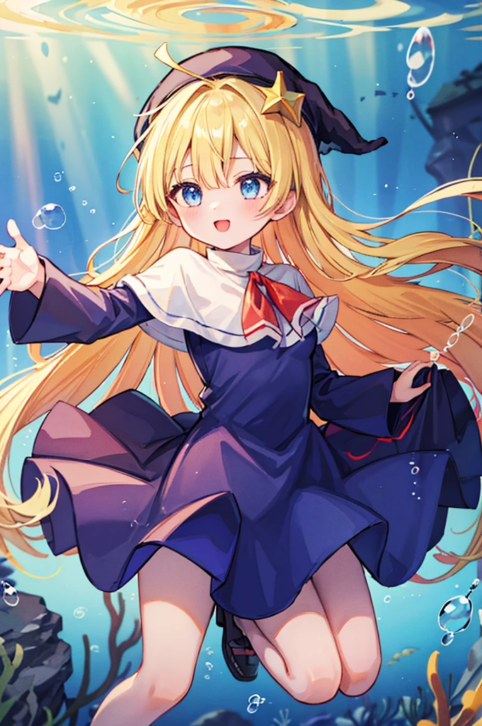 (8k,  super quality, masterpiece:1.2),  ultra high resolution,  imaginary, cute,  girl, solo, whole body, Puyo Puyo's witch, Blonde, Blue Eyes , blue headwear ,  blue based robe,  red ribbon,  White Capelet , Ahoge,  long skirt , In the sea, Underwater theme , Undersea exploration, fish, star, Floating,  like a , Bright smile,  innocent face ,  open your mouth, bubble,  full light, Looks fun, float, 