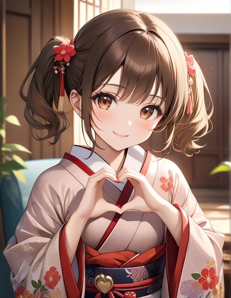 masterpiece, Best Quality,  beautiful details,Fine Textured ,  fine skin,   perfect face,(  best shadow  ),(  Disorganized  ),(   detailed background  ),(  so beautiful), Brown Hair、  Brown Eyes  、kimono,Long-sleeved kimono、  living room 、  background blur, whole body、real skin,Small breasts、、smile、 Short Twin Tails,   upper body,　Heart Hands、