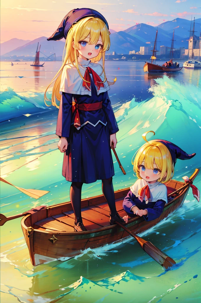 (8k,  super quality, masterpiece:1.2),  ultra high resolution, cute,  girl, solo, whole body, Puyo Puyo's witch, Blonde, Blue Eyes , blue headwear ,  blue based robe,  red ribbon,  White Capelet , Ahoge,  long skirt , sea, Rowing boat,  splash ,  like a , Bright smile,  innocent face ,  open your mouth, soaked, whole bodyに水滴, 