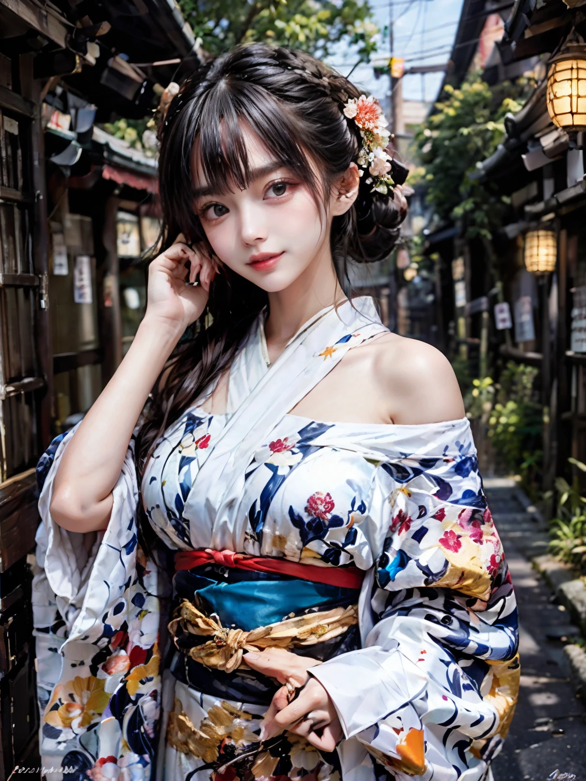 (8 k、RAW photo、highest quality、masterpiece、Photorealistic:1.3)、(Super detailed、high_permission、professional lighting、Lens flare、Ambient dimming:1.1)、1 girl、(kimono gothic:1.5)、on stage、Dance、Hold the microphone in your hand、(embroidery)、hair ornaments、Realistic bare skin、searchlight、Take a photo of your whole body、blue、Young woman、dynamic angle、