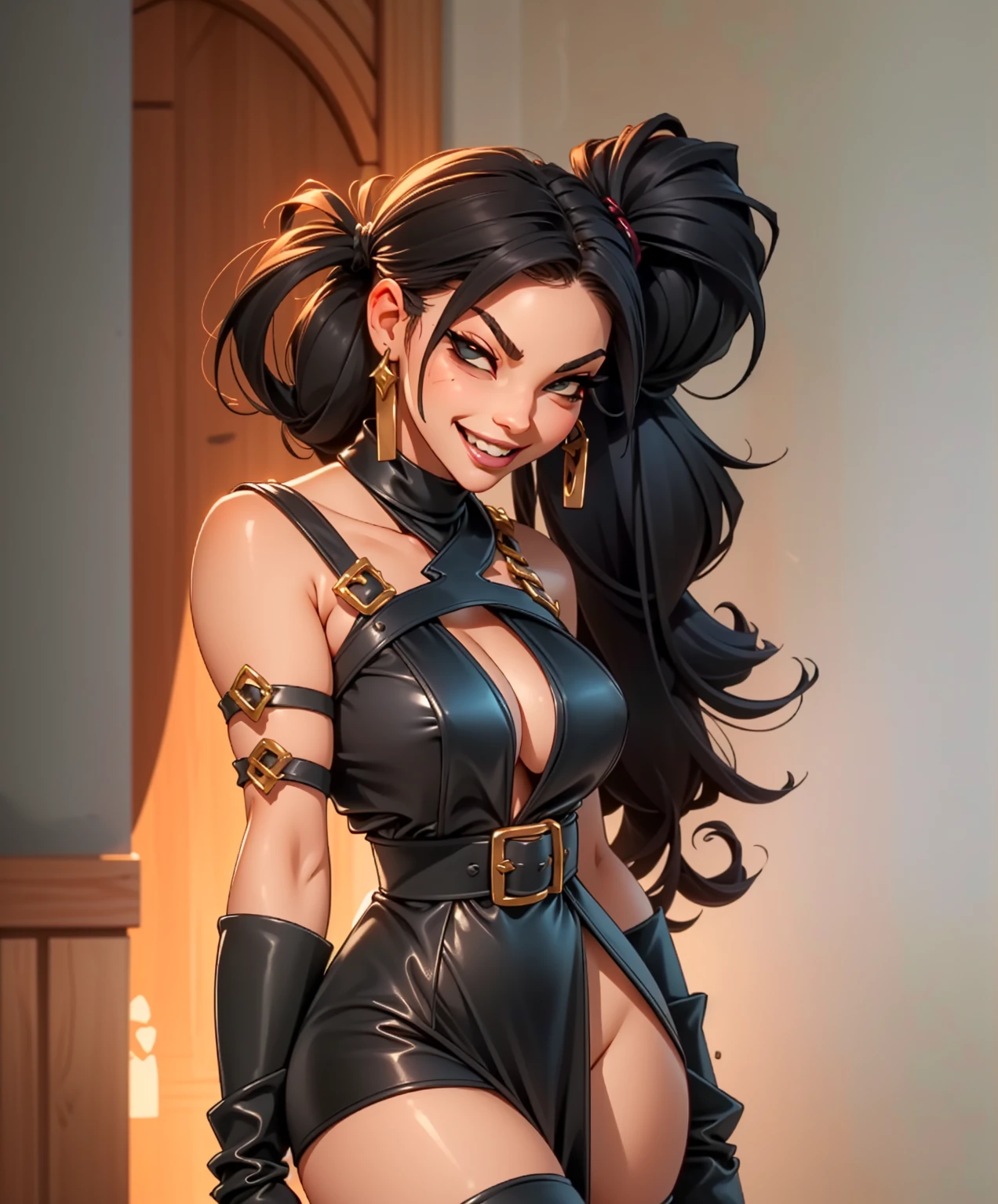 Design a sexy and dashing female thug for a fantasy setting.  (((Female rogue for D&D.))) Dressed in dark colors.  Long sexy black hair in twintails.  Smug and sexy smirk.   Seductive stare.  Flirty.  Black leather outfit.  Seductive smile.  Medieval fantasy themes and attire.  Dark dungeon background.  