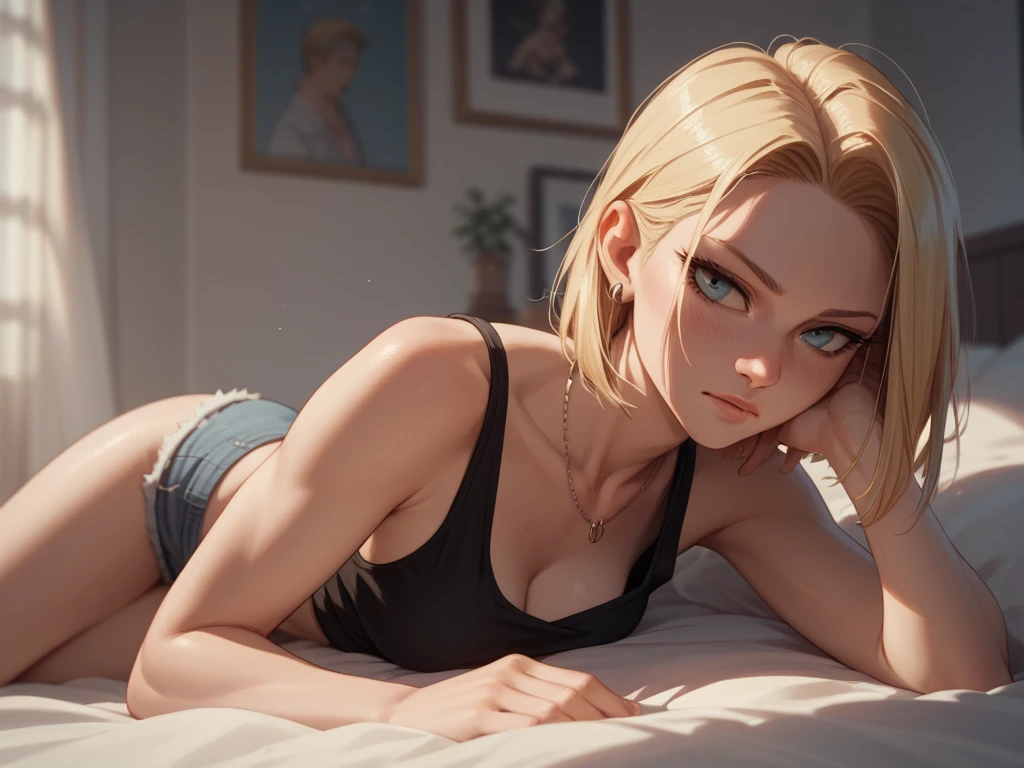 masterpiece, best quality, agrias,solo, wearing a white t-shirt and black panties, sofa,  she is looking  in love at viewer, blonde hair, high leg, short hair, blue eyes, muscular, bed room during night , age 20, it's night