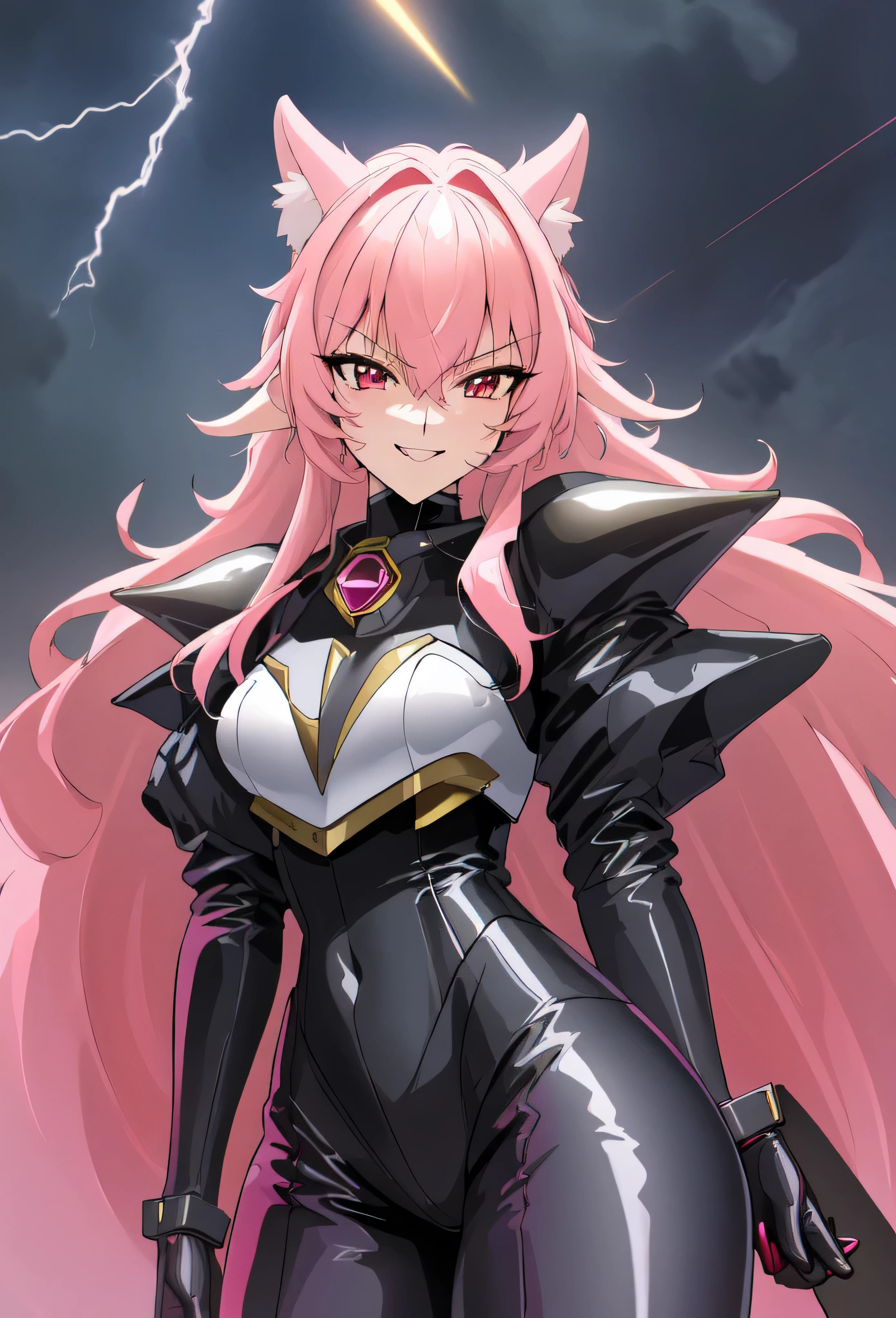 high quality, extremely detailed, perfect face, Nova, long pink hair, (black latex bodysuit), steel pauldrons, steel breastplate, long ears, evil smirk, evil laugh, medium breasts, (dark and stormy skies, lightning)(masterpiece:1.0),(Highest_quality:1.0), 超High resolution,4k,Super detailed, photo shoot, 8K, HDR, High resolution, disorganized:1.2, kodak portrait 400,raising a lightning,,Embodiment of evil,sadistic smile,deep shaded face(eyes in shadow),singlebraid,smile worst,worst ridecule,most evil moukery,,onebraid,,two hands,five fingers,dark aura background,A face full of evil,most evil ridicule,white micro pants,