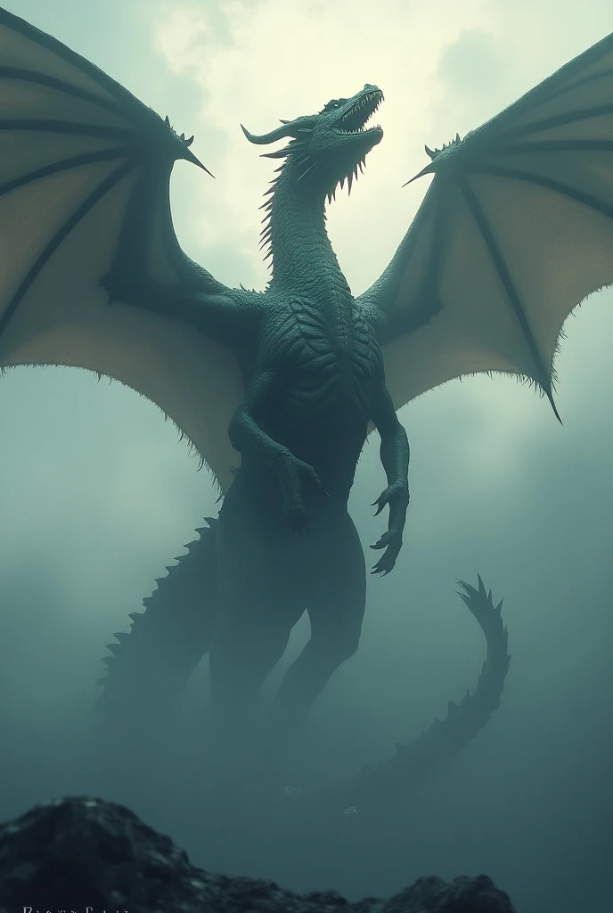 A colossal dragon with tenebrous, leathery wings outstretched, dominates the composition from a low angle. Utilize chiaroscuro lighting, emphasizing the creature's formidable size against a fiery, smoke-filled background. Render the dragon with hyperrealistic detail, capturing the iridescence of its scales and the malevolence in its glowing eyes. In the foreground, a solitary figure clad in dark, flowing attire stands defiantly, their silhouette a stark contrast against the inferno. Capture the scene with a wide-angle lens, evoking a sense of epic grandeur and impending confrontation. The image should exude an atmosphere of foreboding and awe. Rembrandtesque chiaroscuro, tenebrism, high contrast, low gamma, volumetric lighting, ethereal glow, dramatic shadows.