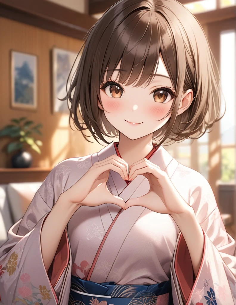 masterpiece, Best Quality,  beautiful details,Fine Textured ,  fine skin,   perfect face,(  best shadow  ),(  Disorganized  ),(   detailed background  ),(  so beautiful), Brown Hair、  Brown Eyes  、kimono, Long-sleeved kimono、  living room 、  background blur, real skin, Small breasts、smile、blush,  short bob,   upper body,　Heart Hands、