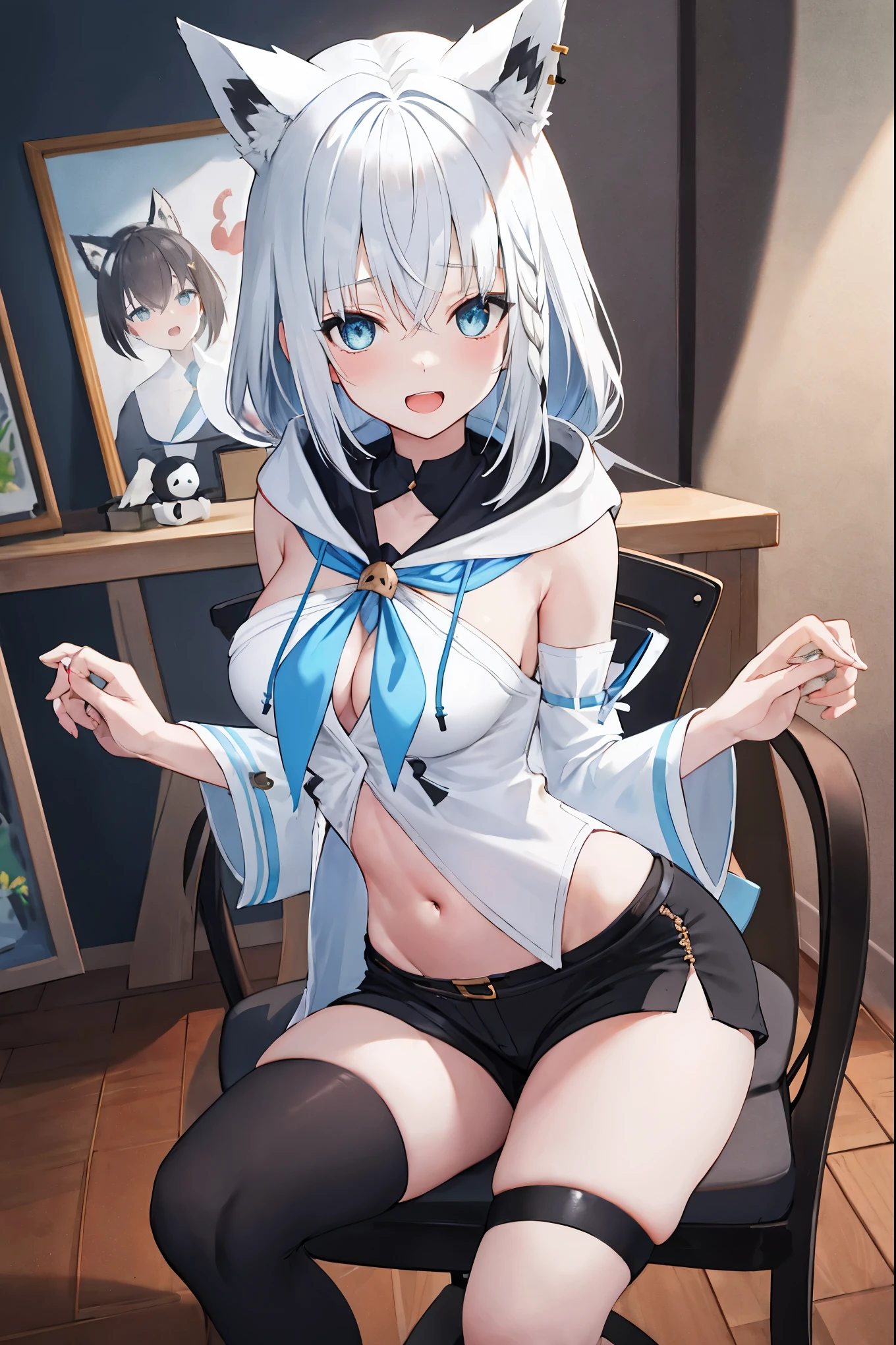 masterpiece, best quality, integrated scenery, integrated background, extremely delicate and beautiful, meticulous details, good composition, , cute face, perfect face, perfect hands, fingernails ,best quality,1yong__girl,medium_breasts,shoulder,navel,best_quality, highres, aafbk, long hair, ahoge, animal ears, breasts, fox tail, blue neckerchief, white hoodie, detached sleeves, white sleeves, navel, short shorts, black shorts, thigh strap, single thighhigh, black thighhighs sitting,big_smile, half_eyes,open_mouth,XD,cowboy shot, indoors, living room, play_with_game_console_controller,  sit_on_gaming_chair, blue_Sagging_eyes,large_eyes,