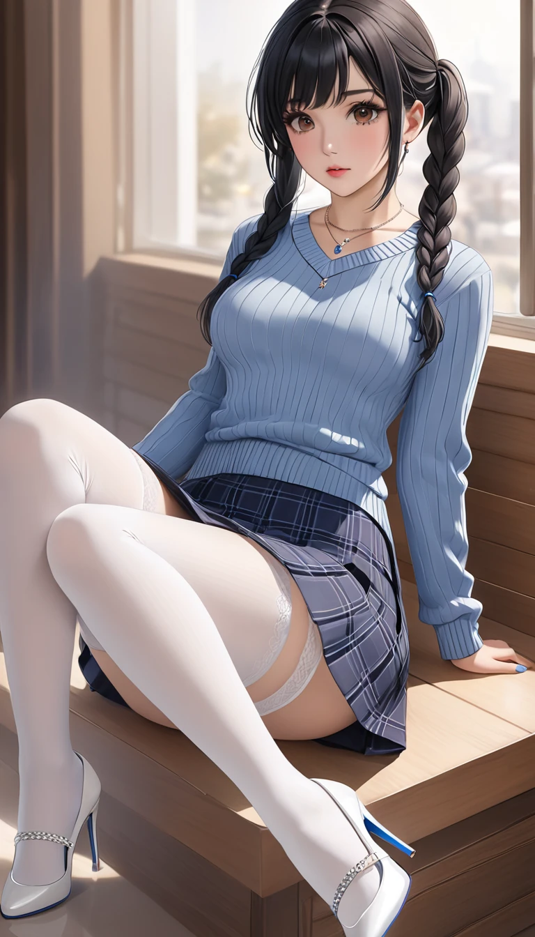 (best quality, 8k, highres, photorealistic:2.0), (solo, one girl:2.0),(lighting: strong),(lighting: front),(big smile girl:1.2),(very muscular girl:2.0),(bodybuilder girl:1.5),(shiny skin:1.5),(brown hair color:1.5),(Open your bent legs to the limit:1.5),(raise both arms behind your head:1.5),(black loafers:1.5),(light blue collar shirt),(long sleeve light blue shirt:1.3),(tight shirt:1.7),(unbutton one's shirt),(short socks),(white socks:1.1),((blue pleated skirt)),((blue skirt)),((Wearing cute white panties)),(orgasm),((Girl leaning on an old leather sofa)), very beautiful girl, Blush brown makeup , dark eye makeup ,(The shape of erect nipples appears on the surface of the shirt:1.1),(small breasts:1.2),erect nipples