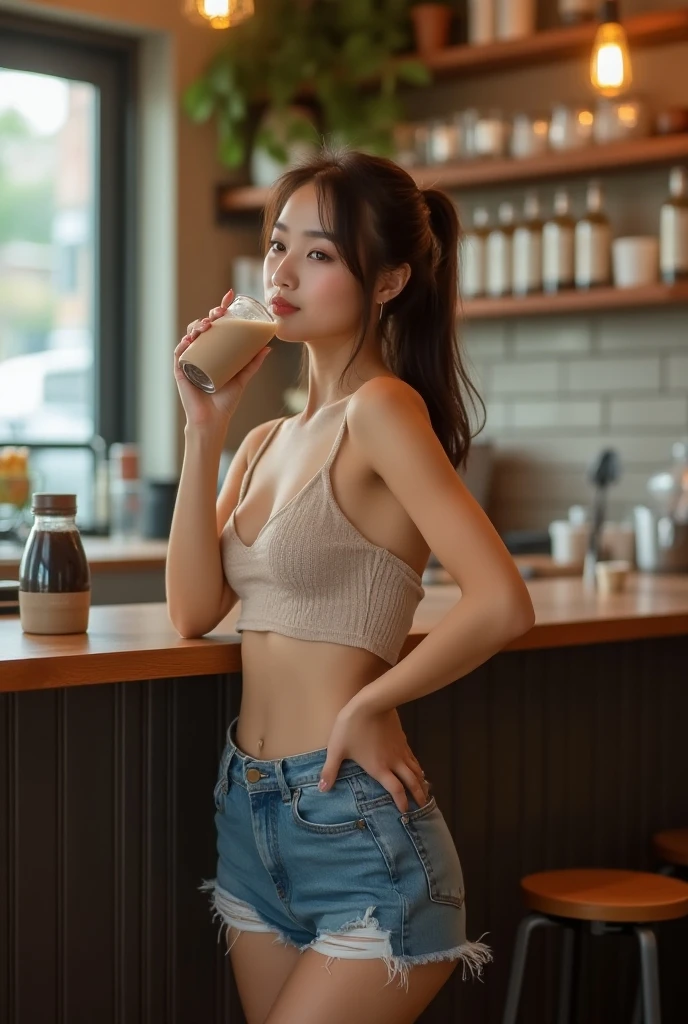 (masterpiece, Best Quality, ultra-detailed, high resolution, extremely detailed CG, official art, Professional Lighting, Perfect Anatomy, anime colors), (from below), looking at viewer, cowboy shot, perfect body, a 24yo beautiful girl, sidelocks, hairband, earrings,medium hips, glamorous body,a small face,beautiful-makeup,Makeup light,dark brown hair, Amazing Cleavage, thin waist, cute ass, Raised sexy, small breast: 1.2 posed cleavage:1.2, (off shoulders,Denimbra,legginullnude), micro denim shorts, bare legs, nail_polish, pale skin, Waiting friend, (morning:1.5), tokyo, (convenience store:1.3), outdoor, (depth of field:1.3), contrapposto, (Hold a coffee in your hand:1.3),delicate beautiful face, Bright blue eyes, cute eyes, sparkling eyes, Big eyes, (perky chest:1.1), (pointed chest:1.3), looking at viewer,