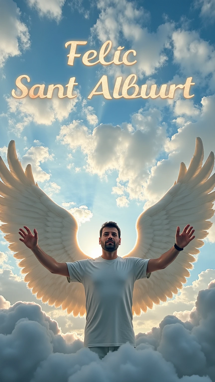 Create a hyper-realistic, cinematic image of a man with impressive, detailed angel wings, appearing ethereal and majestic as he stands amidst soft, glowing clouds. He has a serene, angelic expression and radiates a divine presence, with his wings spread wide, creating a striking visual that makes him appear as though he’s emerging from the clouds. In the background, formed naturally in the clouds, is the message 'Feliç Sant Albert,' crafted seamlessly to blend with the sky while still being legible. The sky has a soft, glowing light filtering through, adding depth and a sense of awe. The entire scene feels grand, realistic, and imbued with a peaceful, cinematic beauty, with the angelic figure standing out vividly against the dreamy, cloud-filled sky