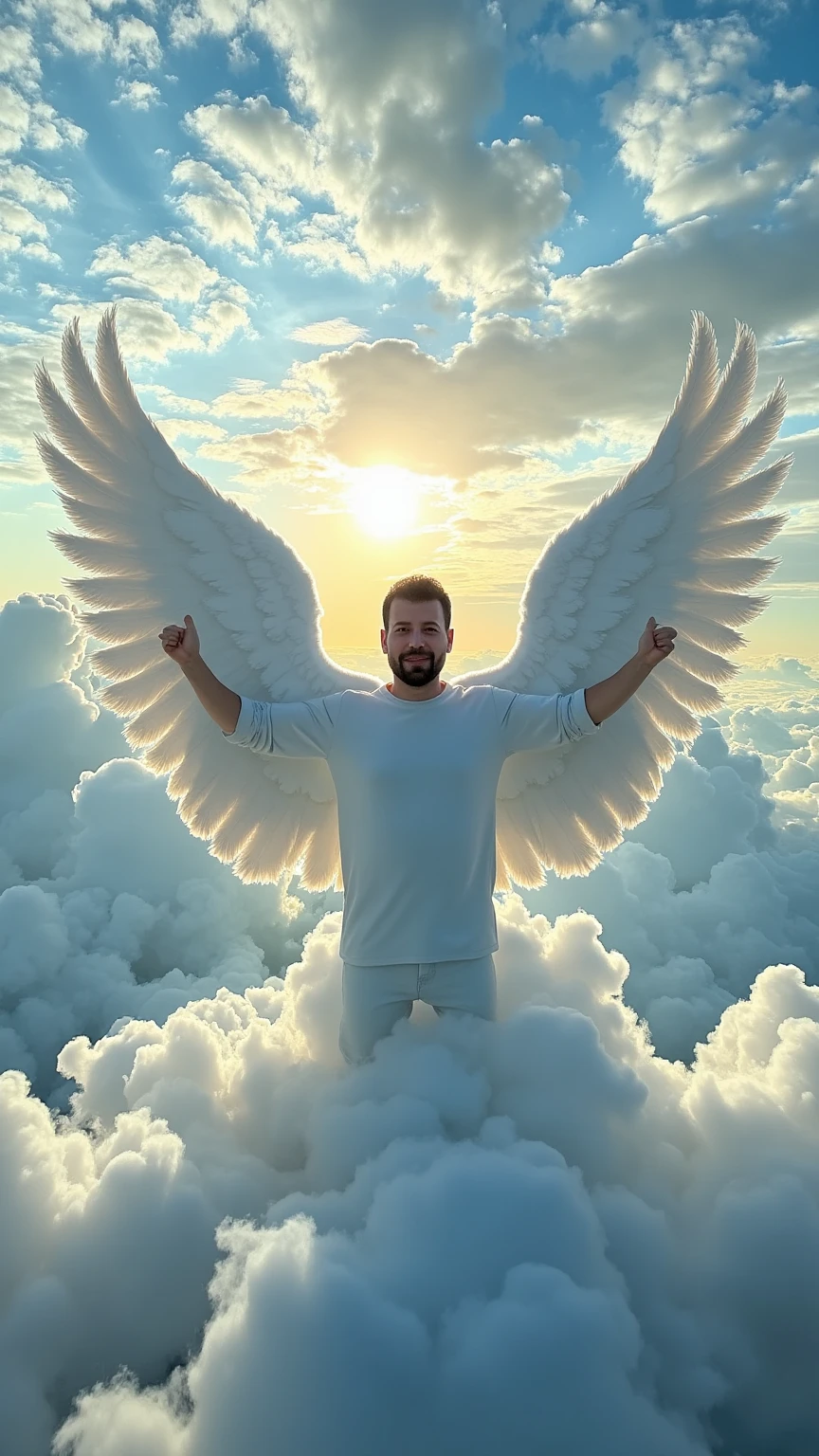 Create a hyper-realistic, cinematic image of a man with impressive, detailed angel wings, appearing ethereal and majestic as he stands amidst soft, glowing clouds. He has a serene, angelic expression and radiates a divine presence, with his wings spread wide, creating a striking visual that makes him appear as though he’s emerging from the clouds. In the background, formed naturally in the clouds, is the message 'Feliç Sant Albert,' crafted seamlessly to blend with the sky while still being legible. The sky has a soft, glowing light filtering through, adding depth and a sense of awe. The entire scene feels grand, realistic, and imbued with a peaceful, cinematic beauty, with the angelic figure standing out vividly against the dreamy, cloud-filled sky