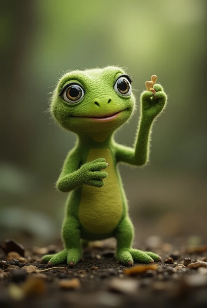 A cute mascot of a camphor tree. A lizard holding a glass utensil.