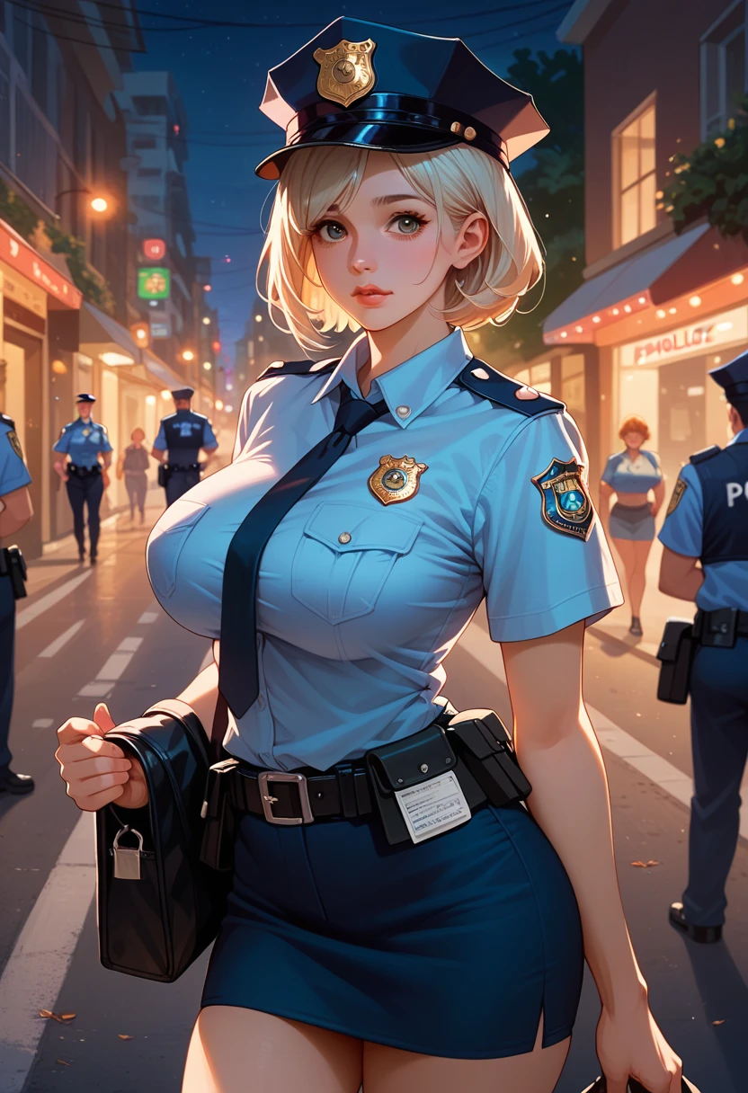 girl, cute, short hair, tall, police uniform, police hat, holding a police badge, big breasts, street, night