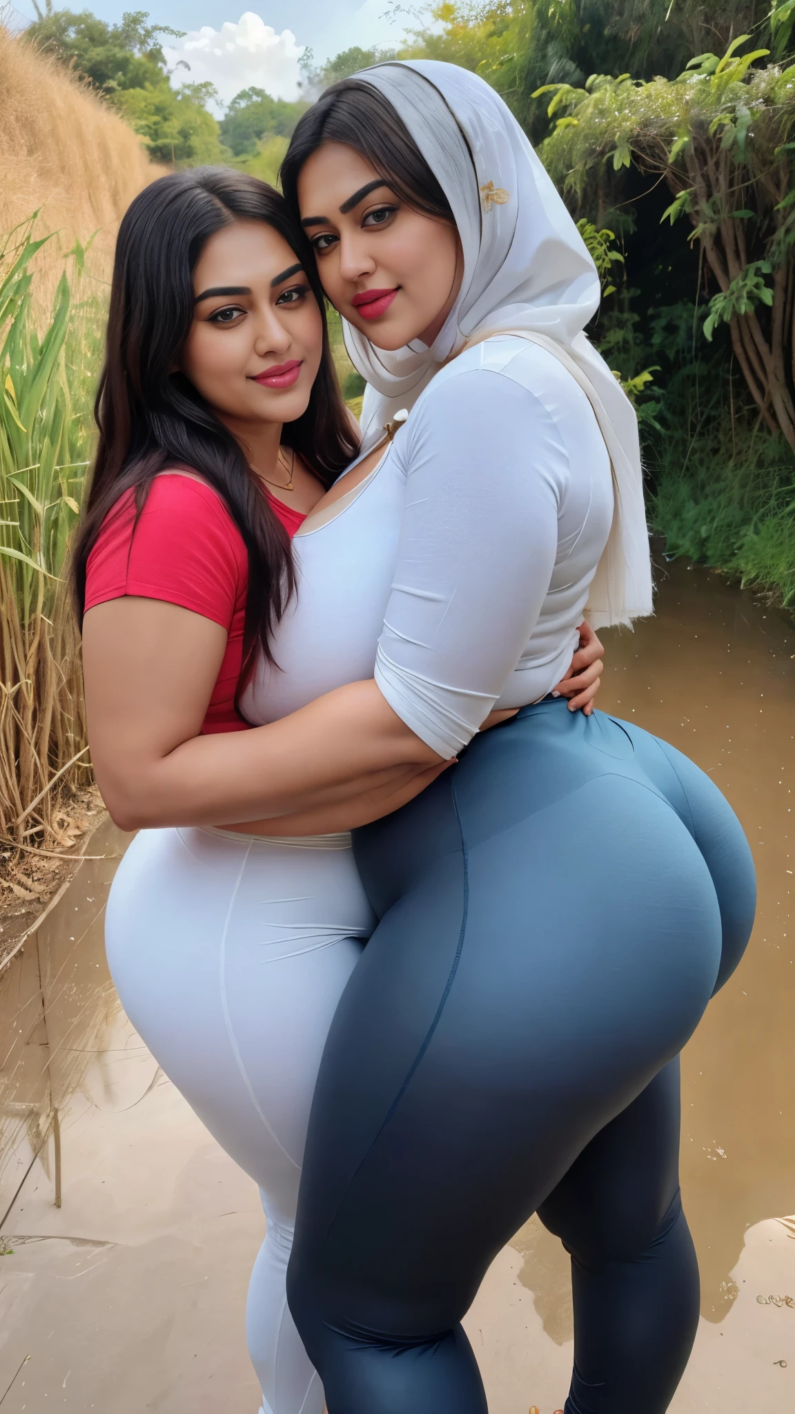 I am 40 year old plus size tall and big giant indian muslim women, looking like indian actress hansika motwani, wearing a blue kurti and shining reflective glossy gray leggings and red hijab,white-skin,white skin tone, beautiful face, red lips, clean skin, celebrity face, thick leggs, round ass,bulging ass,huge breast, i am hugging a 20 black boy wearing underwear only with another 40 plus size tall and big giant indian wife, looking like indian actress anushka shetty, wearing shining reflective glossy red leggings and white kurti, white skin tone, beautiful face, red lips, clean skin, celebrity face, thick leggs, round ass,bulging ass,huge breast,all indian ornaments like ,gold chain,gold necklace,gold ear ring with chain connect with nose ,nose stud ,auspicious thread in Necklace, Armlet, bangles,red sindur on head,women standing looking the viewer in a paddy field,both women have huge bulging ass,smiling happy face,looking straight to camera, realistic photo, looking straight to camera,full body image,wide angle shot in camera, realistic photo,front side view of women,both women hugging a 20 year old black boy,side view of women,