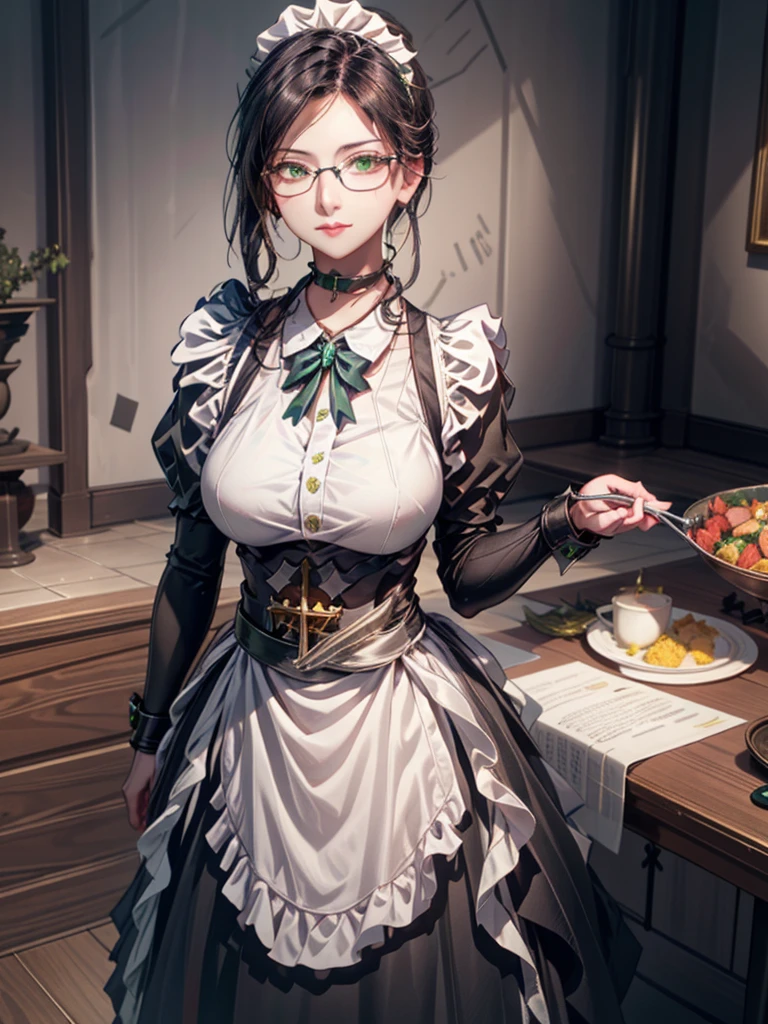  Focus on the Upper Body , Realistic,  1 girl,  Black Hair , sparkling green eyes ,  maid clothes, (  these are glasses with black rims :0.7),  Standing Pose , Museum Background, Perfect body,