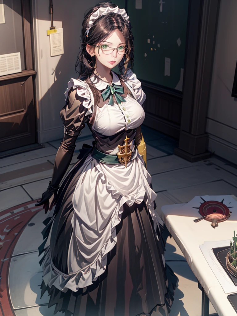  Focus on the Upper Body , Realistic,  1 girl,  Black Hair , sparkling green eyes ,  maid clothes, (  these are glasses with black rims :0.7),  Standing Pose , Museum Background, Perfect body,