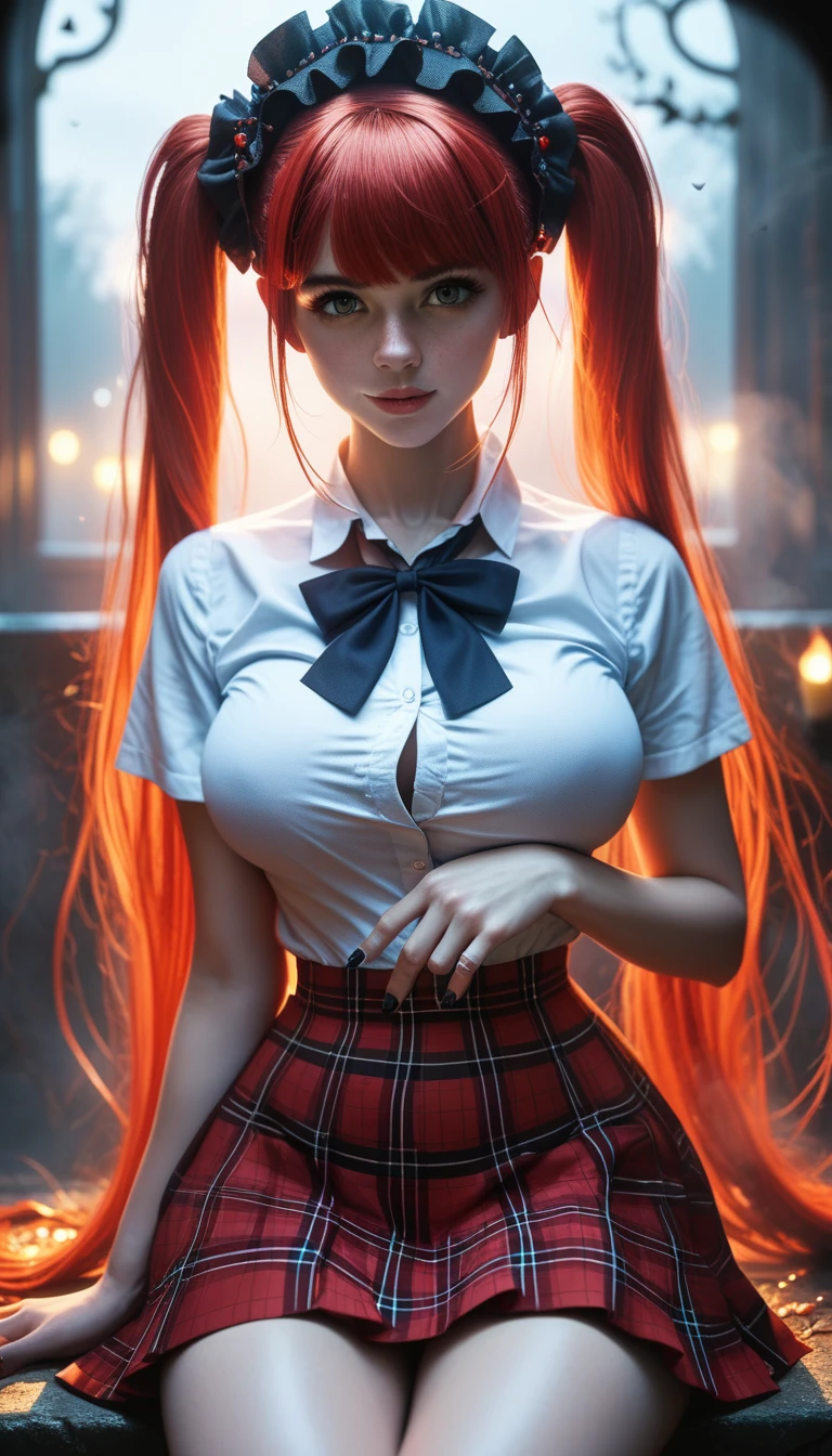 sfw, masterpiece, Best Quality, High resolution, detail hands, detail fingers, detail face, detail leg, perfect lighting, (1girl, solo, detail girl, 20 years old girl), cute girl, (red hair, long twintails, pale skin, brown eyes, large breast), (school uniform, plaid skirt, ****ta hairband, fingernail), (darkest night, fog, ruined factory)