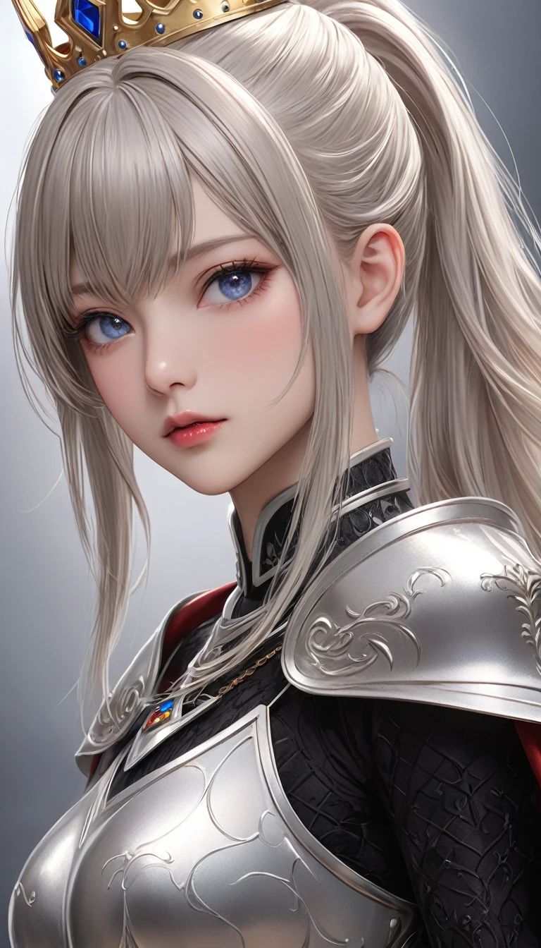 masterpiece,   high resolution on down ,   anatomically correct , 最 high quality,   high detail ,  high definition model ,   very detailed,   high quality,  Ultra High Definition,   Textured Skin, Realistic Skin, Delicate skin, Platinum Hair,  semi-long hair ,  bangs between eyes,  ponytail,  shoulder hair ,  Sparkling Eyes,  high resolution on downの目, Adult women, textured lips, 
 reigning over the throne ,
Wearing armor, Cape on the back,
玉座に君臨している,
dim,  a dark fantasy world with a crown on his head,