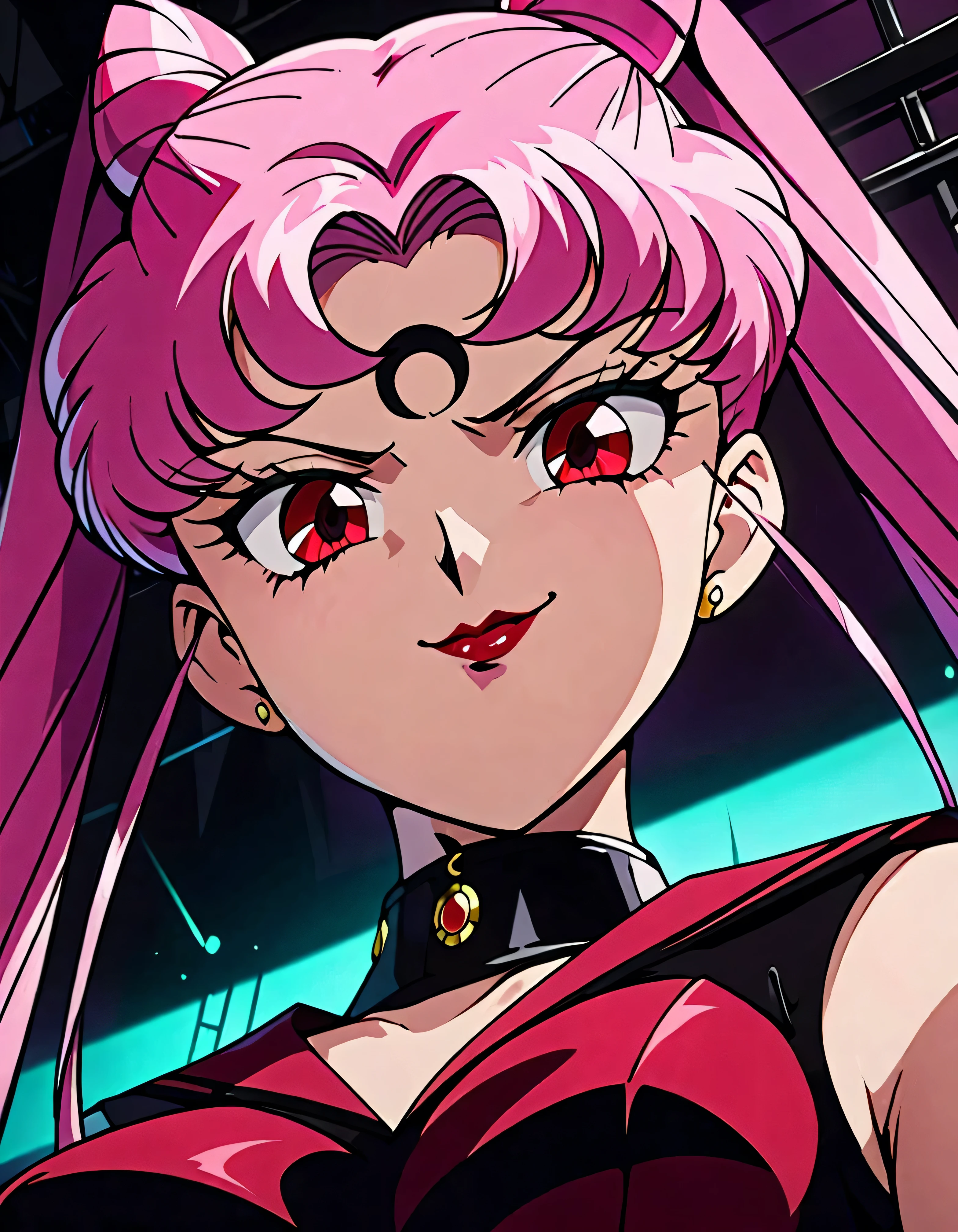  Sailor Moon's Wicked Lady, Pink Hair, Red eyes, ,  Black Crescent Moon Mark on Forehead , very evil smirk,beautiful body,shaded face(eyes in evil shadow),((masterpiece,best quality)), absurdes,black dress,upper body,beautiful face,,looking down at viewer,twintail,,Sadistic ridicule,look down,looking down at viewer, ,factory of evil darkness background,from below,close up,Dark Side、Alone.1girl、darkness,wander,cyberpunk