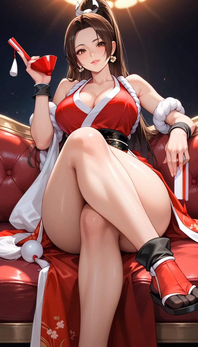 masterpiece,  of the highest quality, 
 realistic photo , sacimaer detail,  vibrant colors ,  Light-Dark Lighting ,   with cannabis theme ,
1 woman, Mai Shiranui ((King of Fighters)))
long hair, brown hair,  brown eyes, Blush
,  thick thighs , (((elegant crossed legs))),
 sitting on a couch, 
seductive pose,  dramatic angle ,