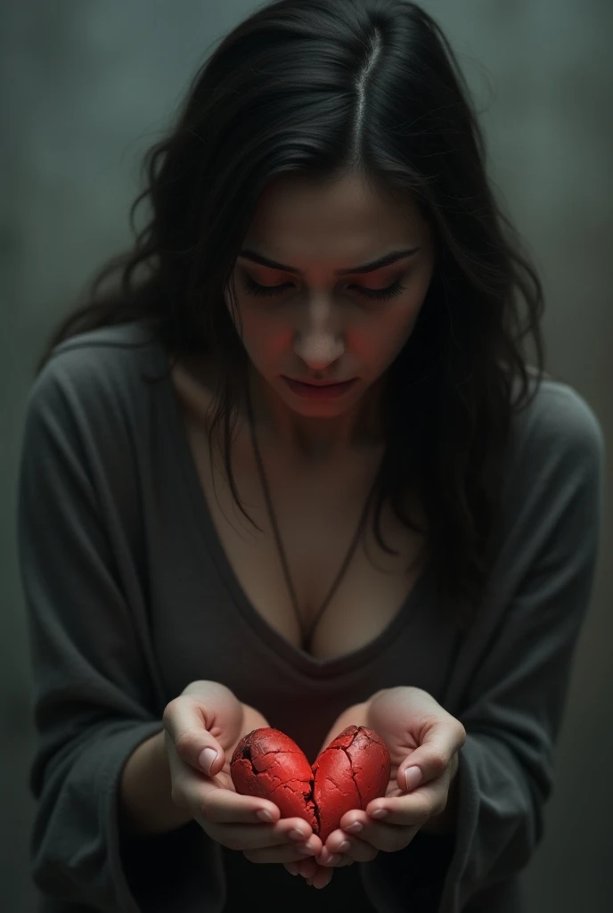 Nanno from thai land with short chinise hair cut red background with evil smile dark aesthetic holding heart on her hand wearing a white shirt