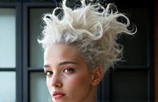 (PA7_Portrait-MS:0.5), low angle face portrait of an african girl, (clear blue eyes:0.8), (white afro hairstyle), (white eyeshadow, white lips), wearing scifi avant-garde LatexTech haute-couture, serious (half-smirk:1.2) expression, in a dark space ship cockpit, dim light